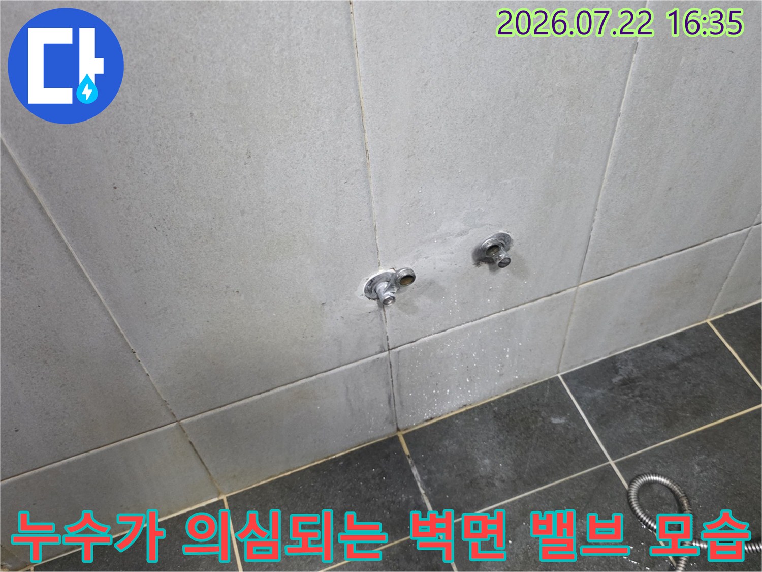 두 개의 수도 꼭지가 설치된 회색 타일 벽-하단에 금속 호스가 놓여 있음