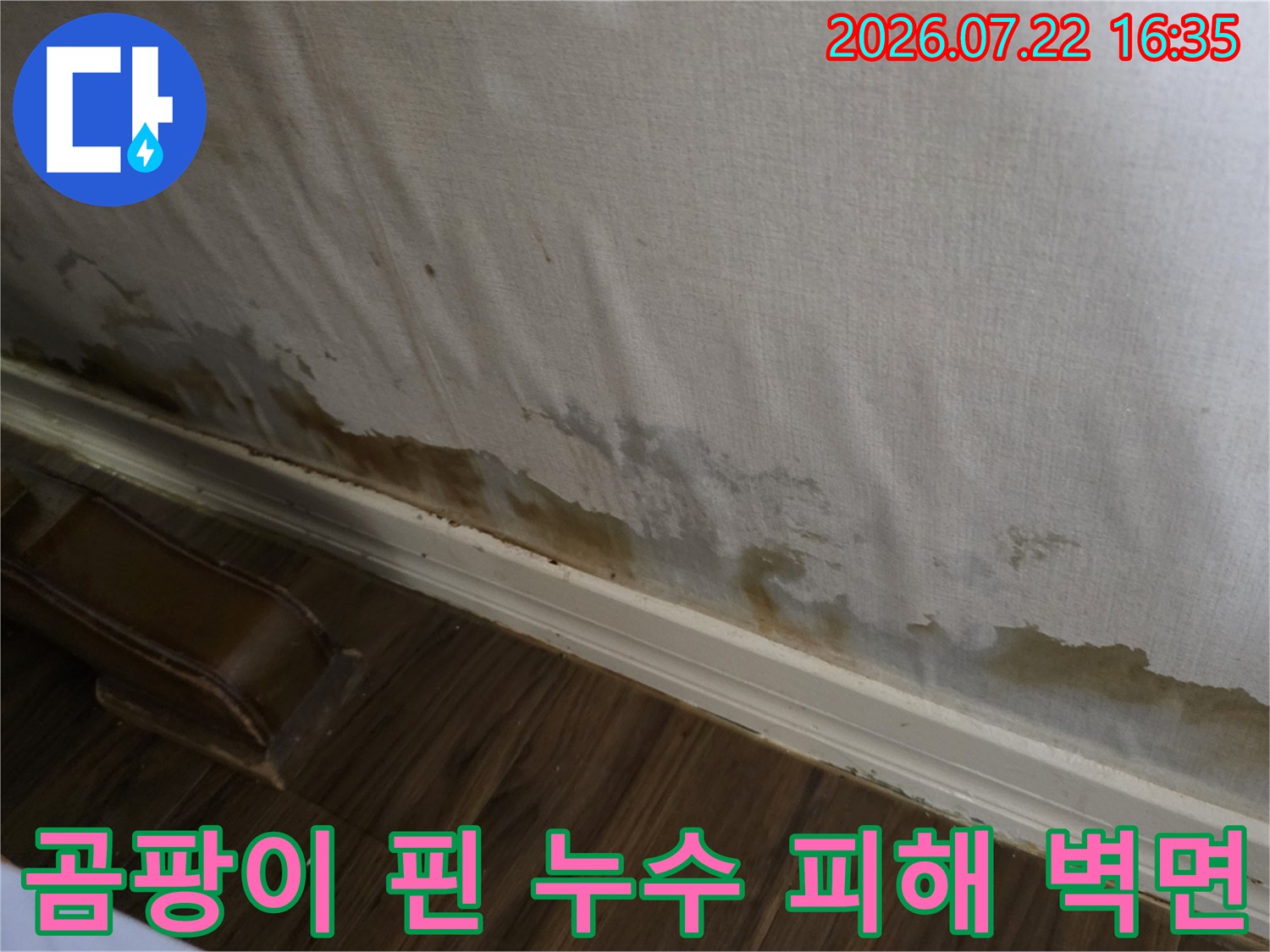 벽지 아래쪽으로 넓게 퍼진 갈색의 누수 오염과 곰팡이 흔적 사진