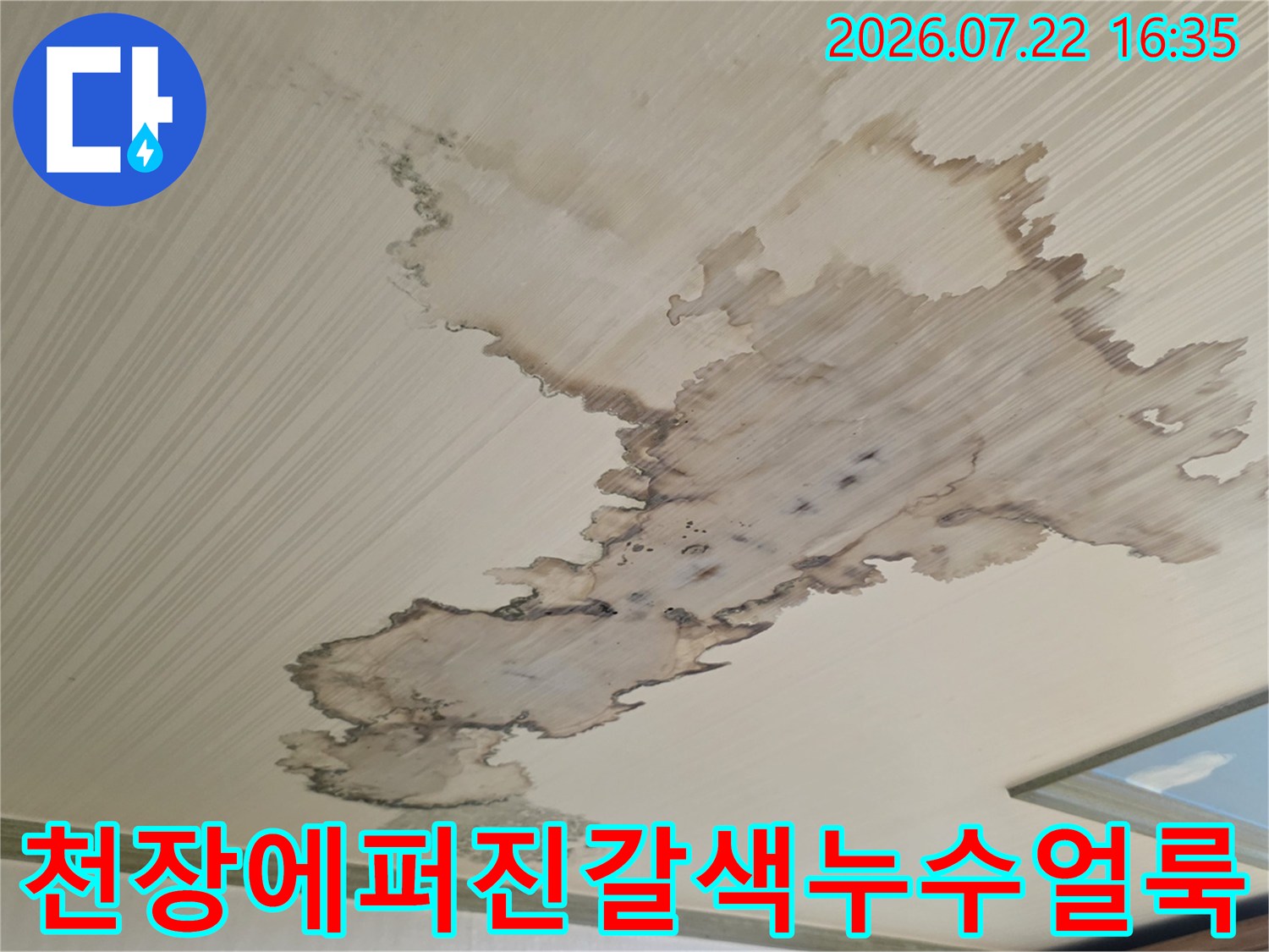 실내 천장 마감재 위에 갈색으로 넓게 퍼진 누수 얼룩-사진