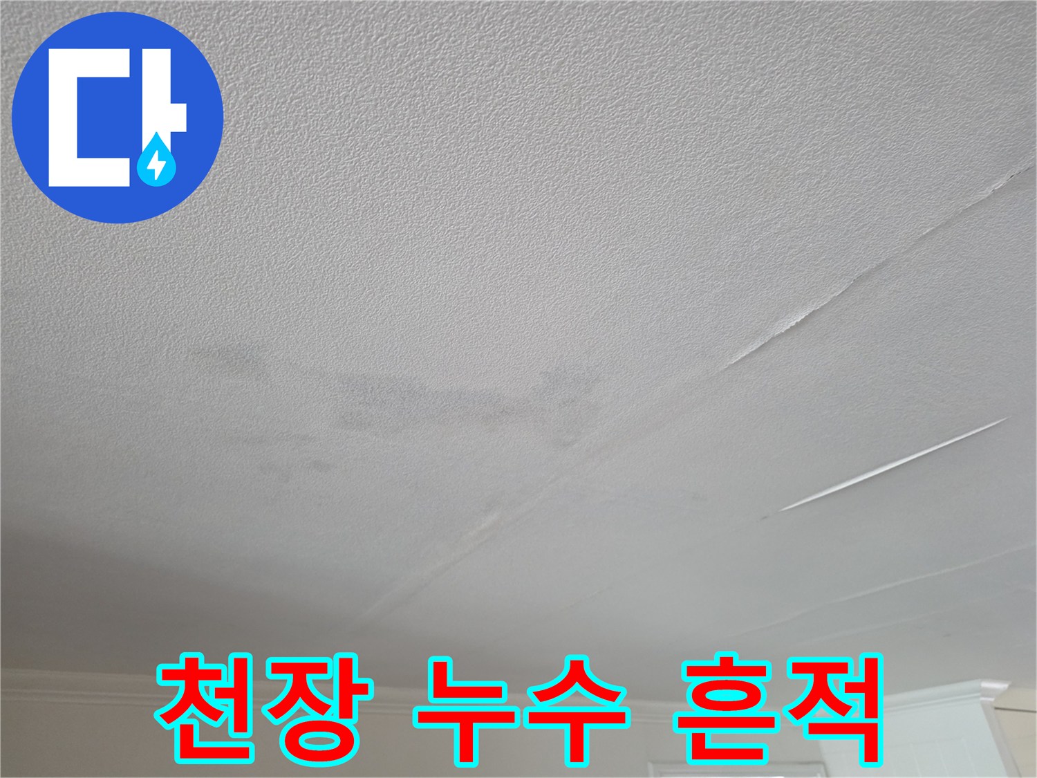 거실 천장에 발생한 습기로 인한 넓은 얼룩 부위