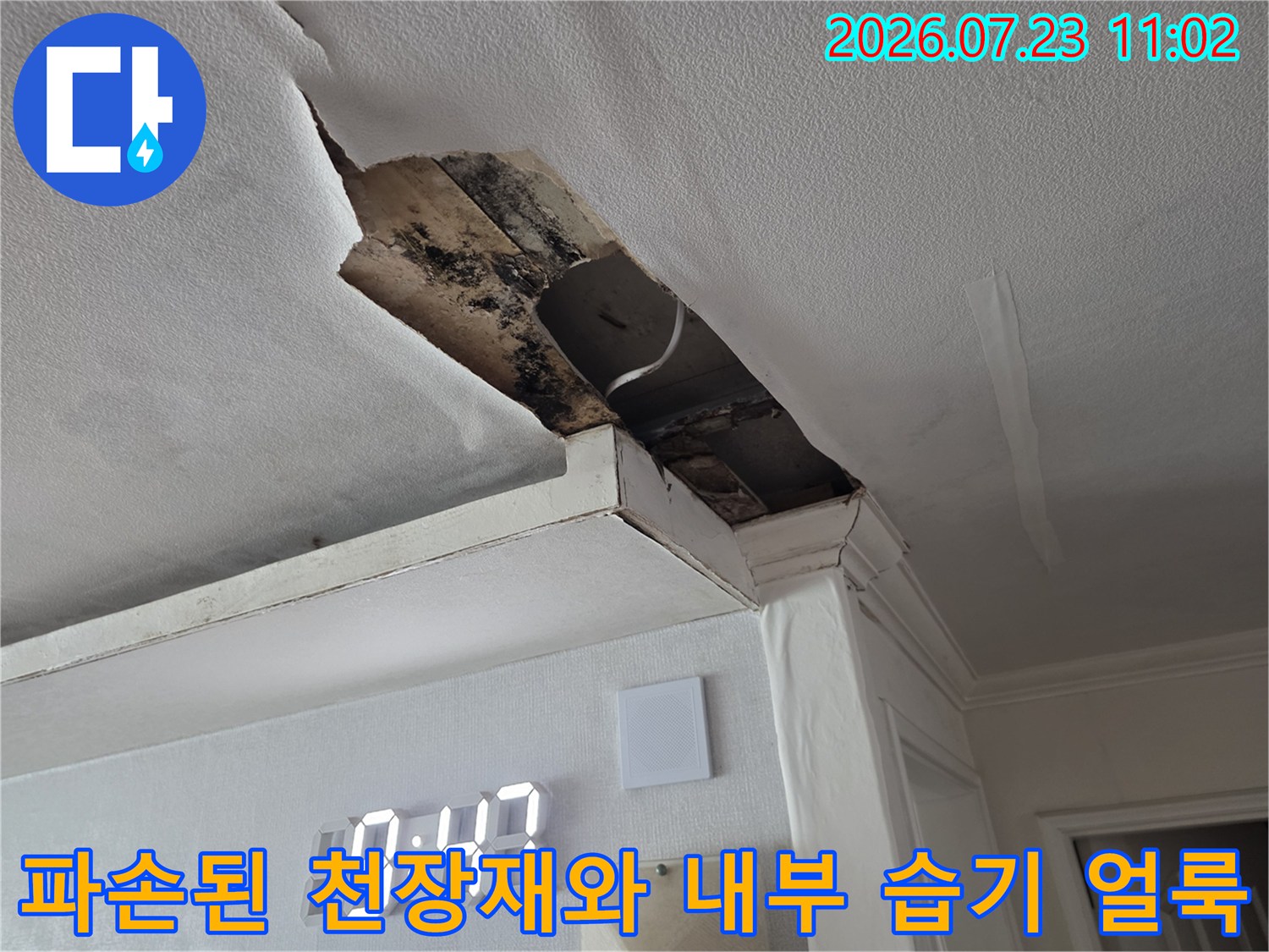 물이 스며들어 변색되고-일부가 탈락한 천장 마감재의 모습