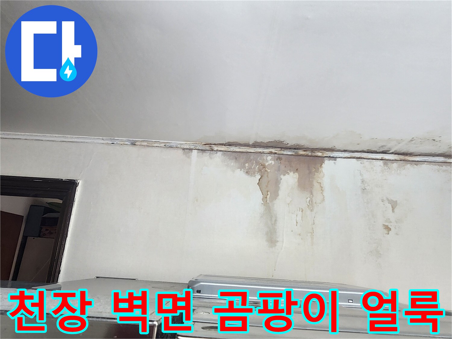 주방 천장 경계부-물샘으로 인한 벽지 변색과 곰팡이