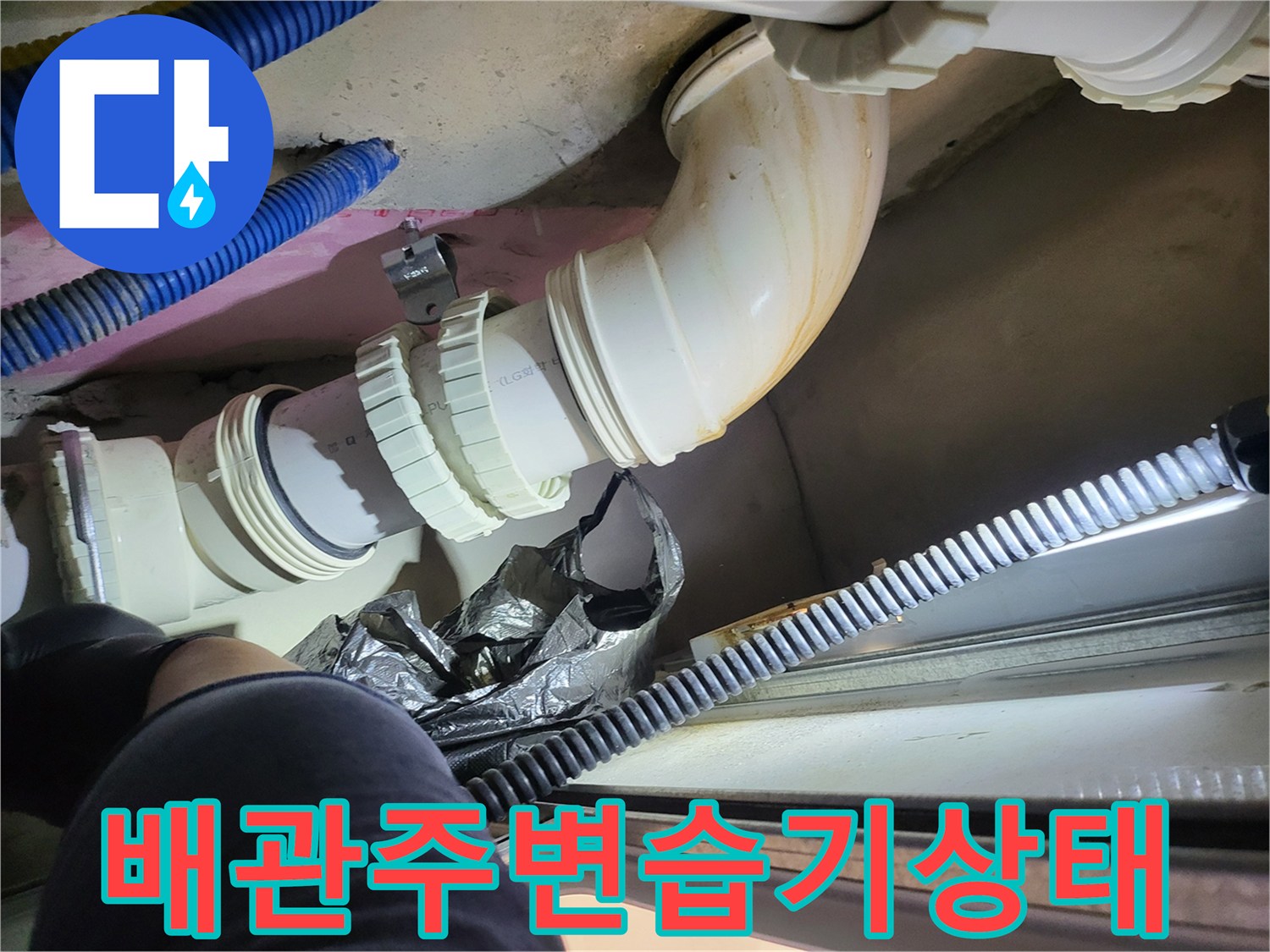 PVC 배관 연결부와 주변 천장재의 습기 오염 상태