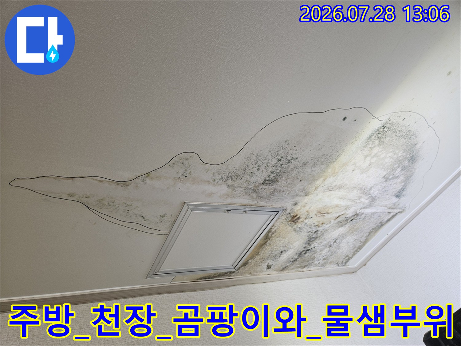 배수구_상단_천장_마감재의_누수흔적과_곰팡이_오염