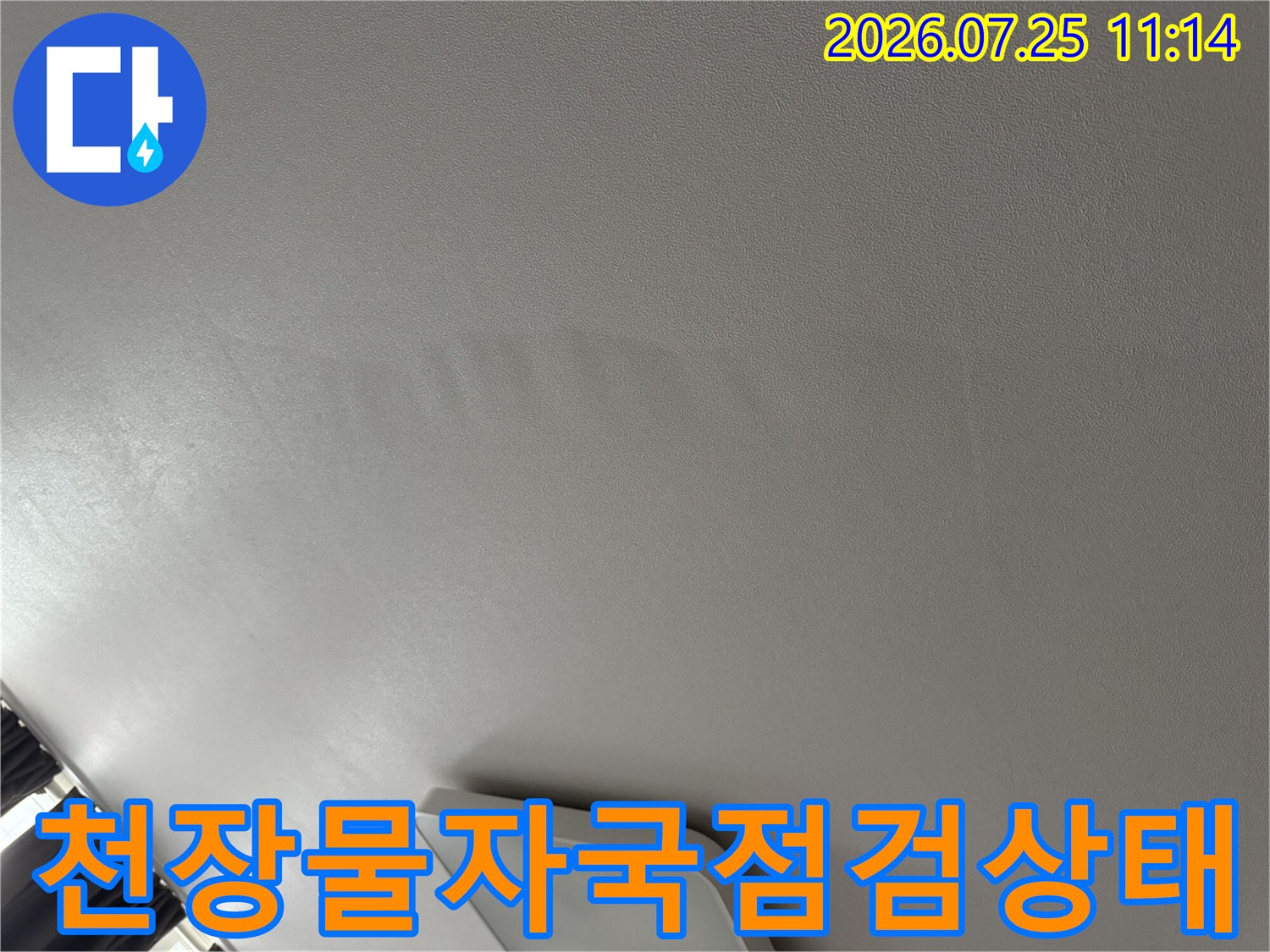 거실 천장면에 발생한 물자국과 변색 부위를 정밀하게 점검하는 장면
