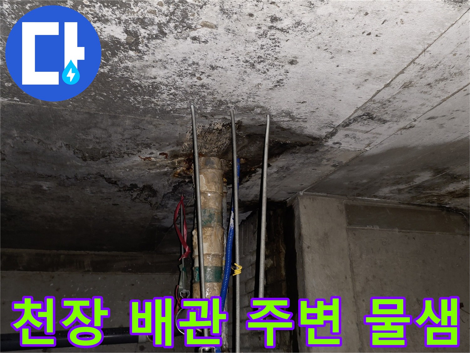 누수가 의심되는 천장 배관 부위-배관 관통부의 습한 상태와 오염 흔적