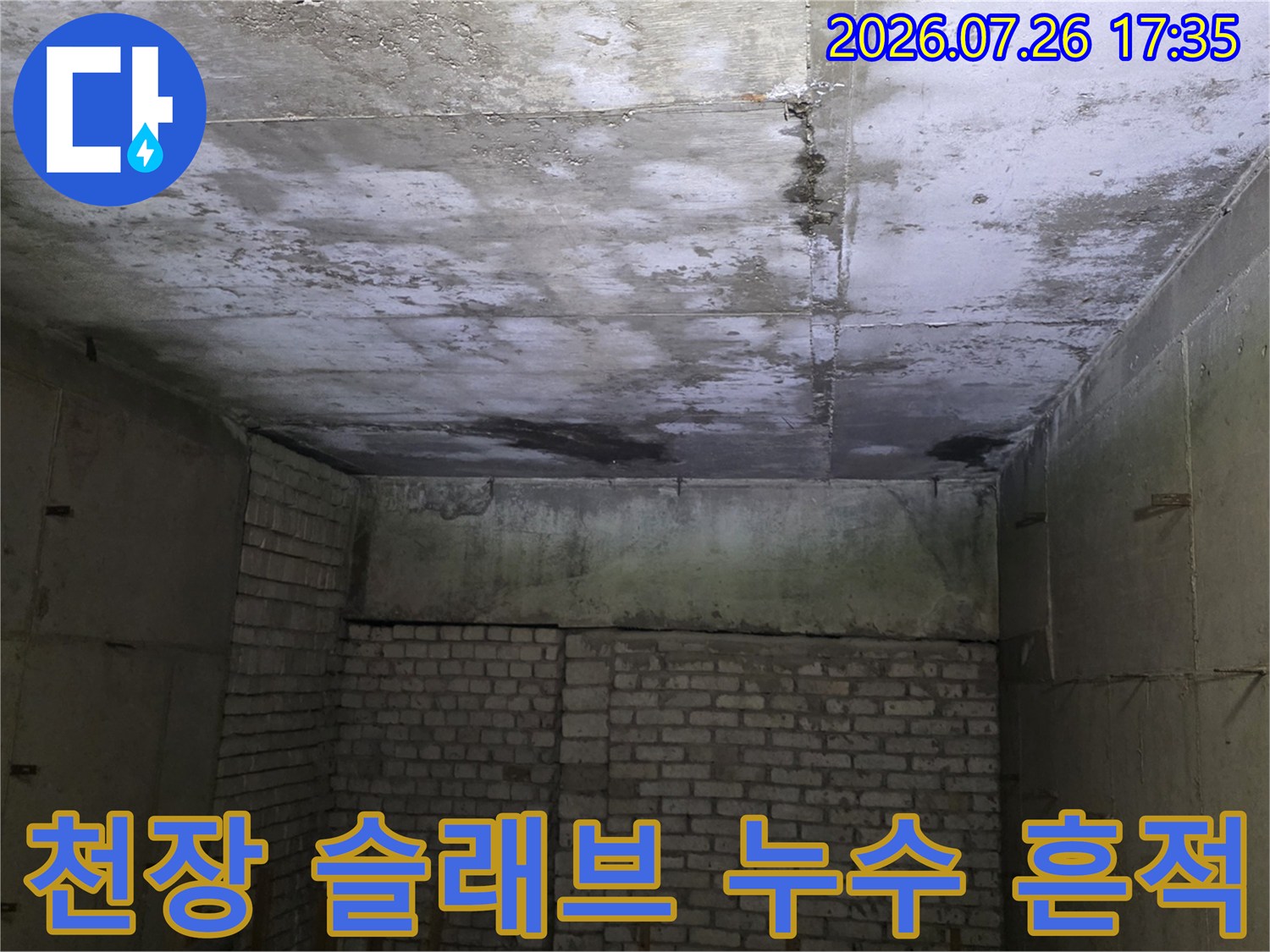 콘크리트 천장에 물 얼룩과 곰팡이가 퍼져 있는 모습-상가 내부 현장