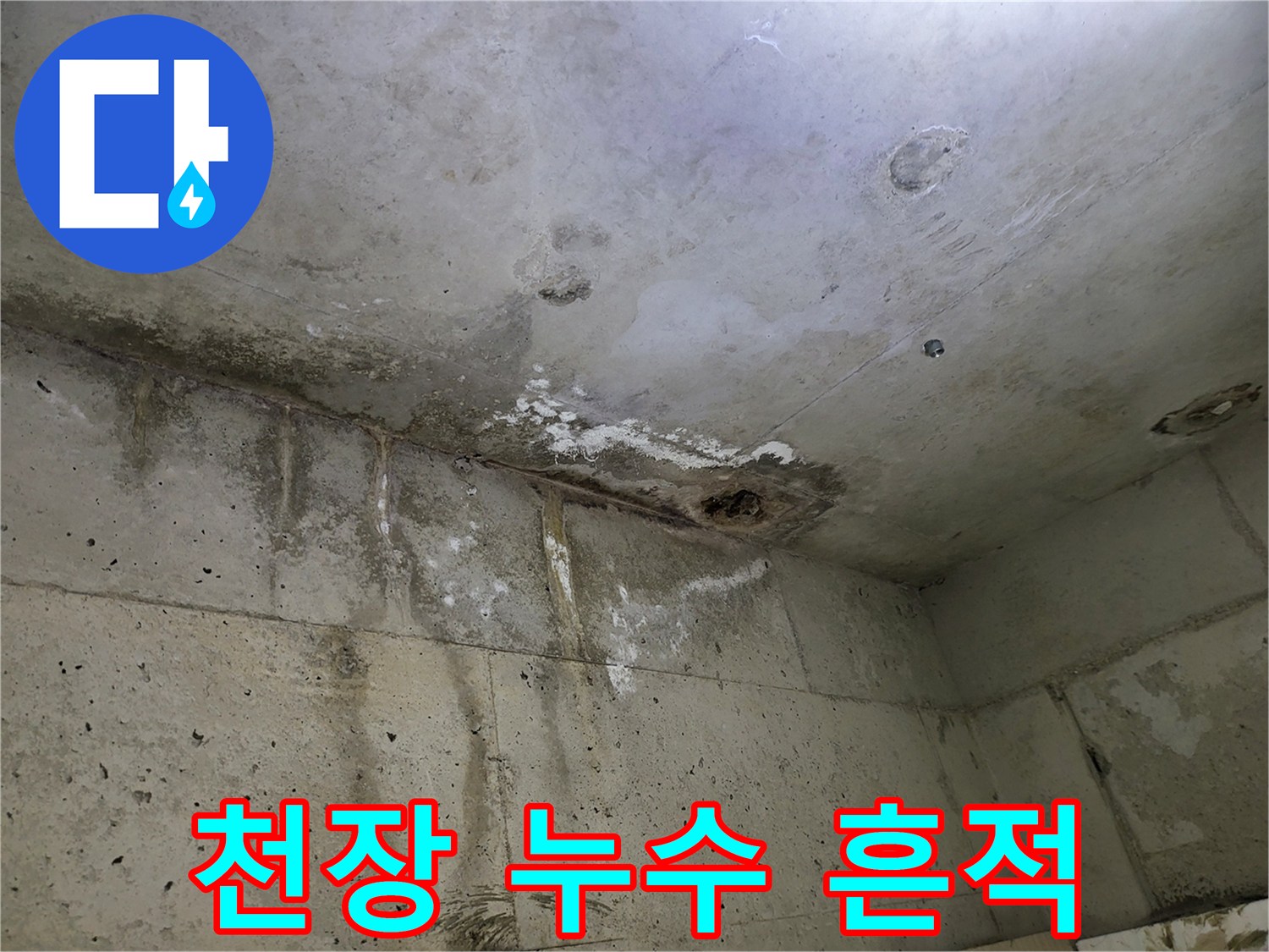 습기로 인해 얼룩지고 오염된 화장실 천장 내부 모습