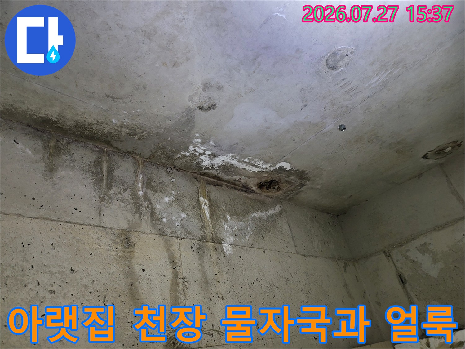 콘크리트 천장에 발생한 갈색 물자국-누수로 인해 오염된 화장실 천장 모습