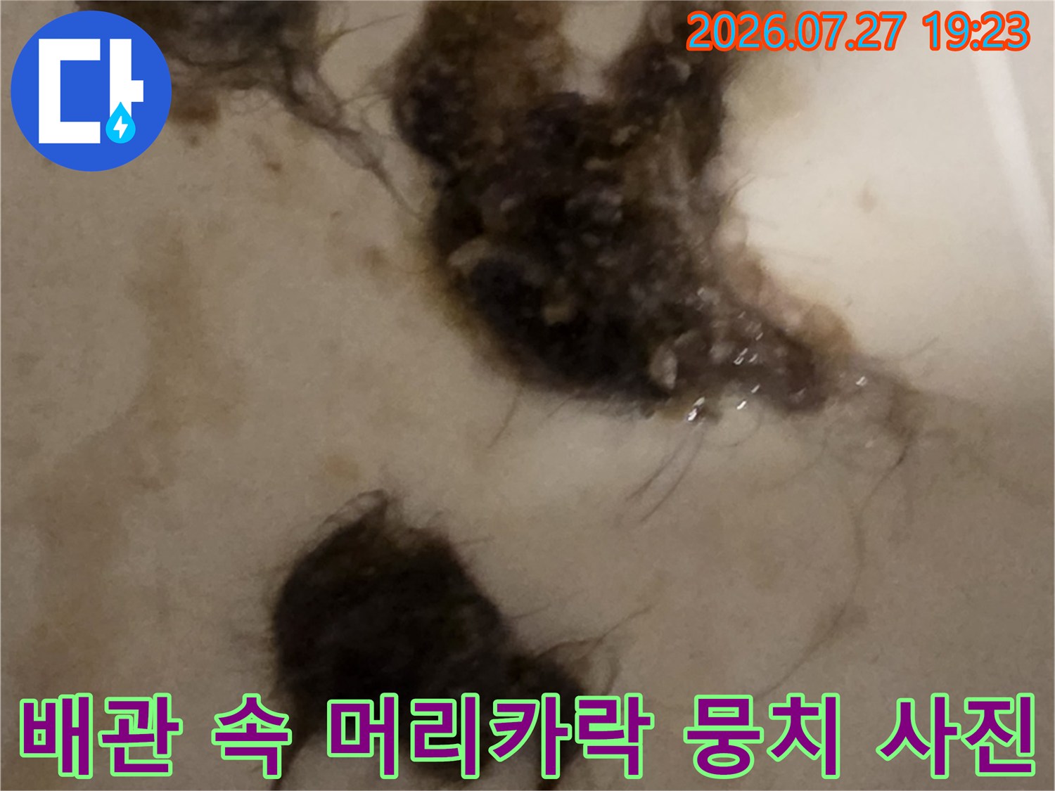 오수관 수직관 부분에서-샤프트 장비로 인출된 이물질과 머리카락 더미