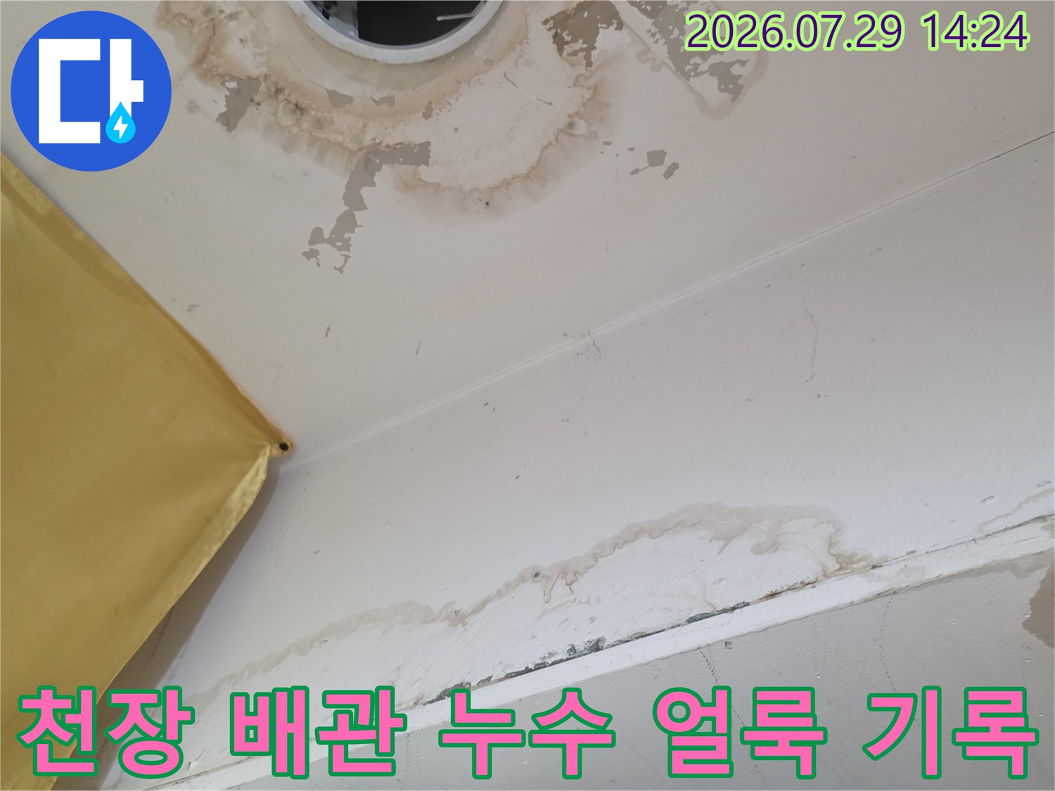 상부 배관에서 발생한 물이 천장에 남긴 대형 얼룩 사진