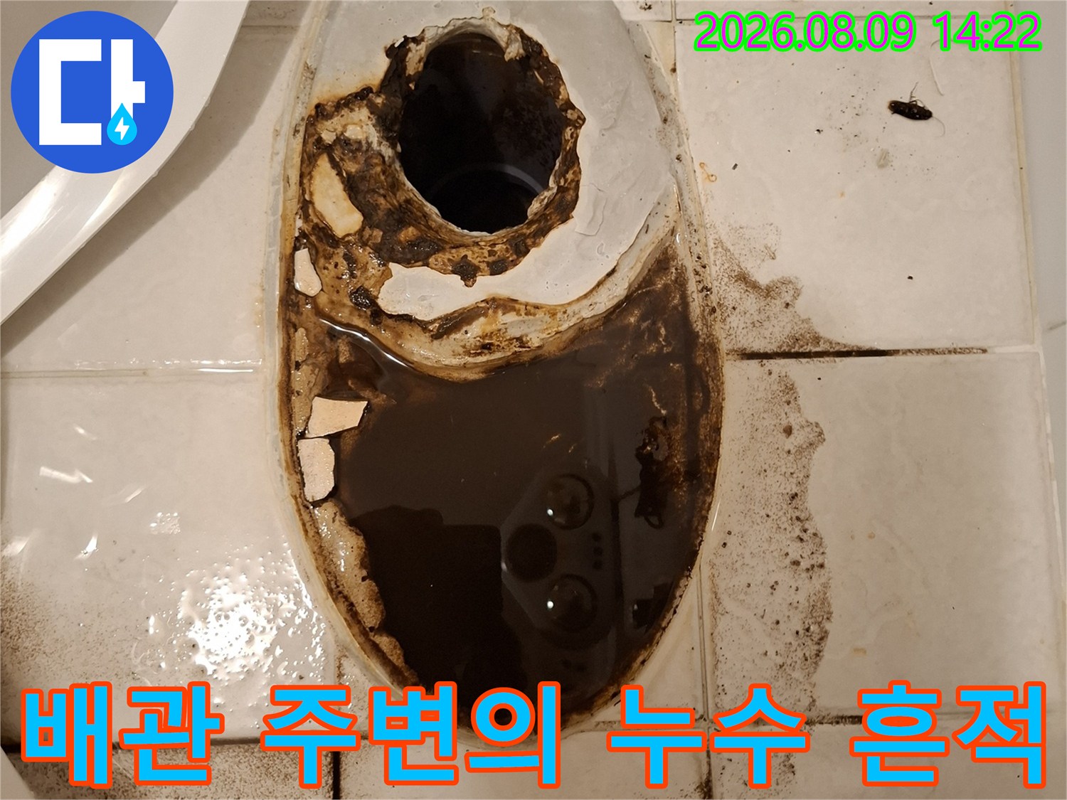 하수 배관 주위에 누수로 인해 발생한 검은색 오염물과 찌꺼기들입니다.