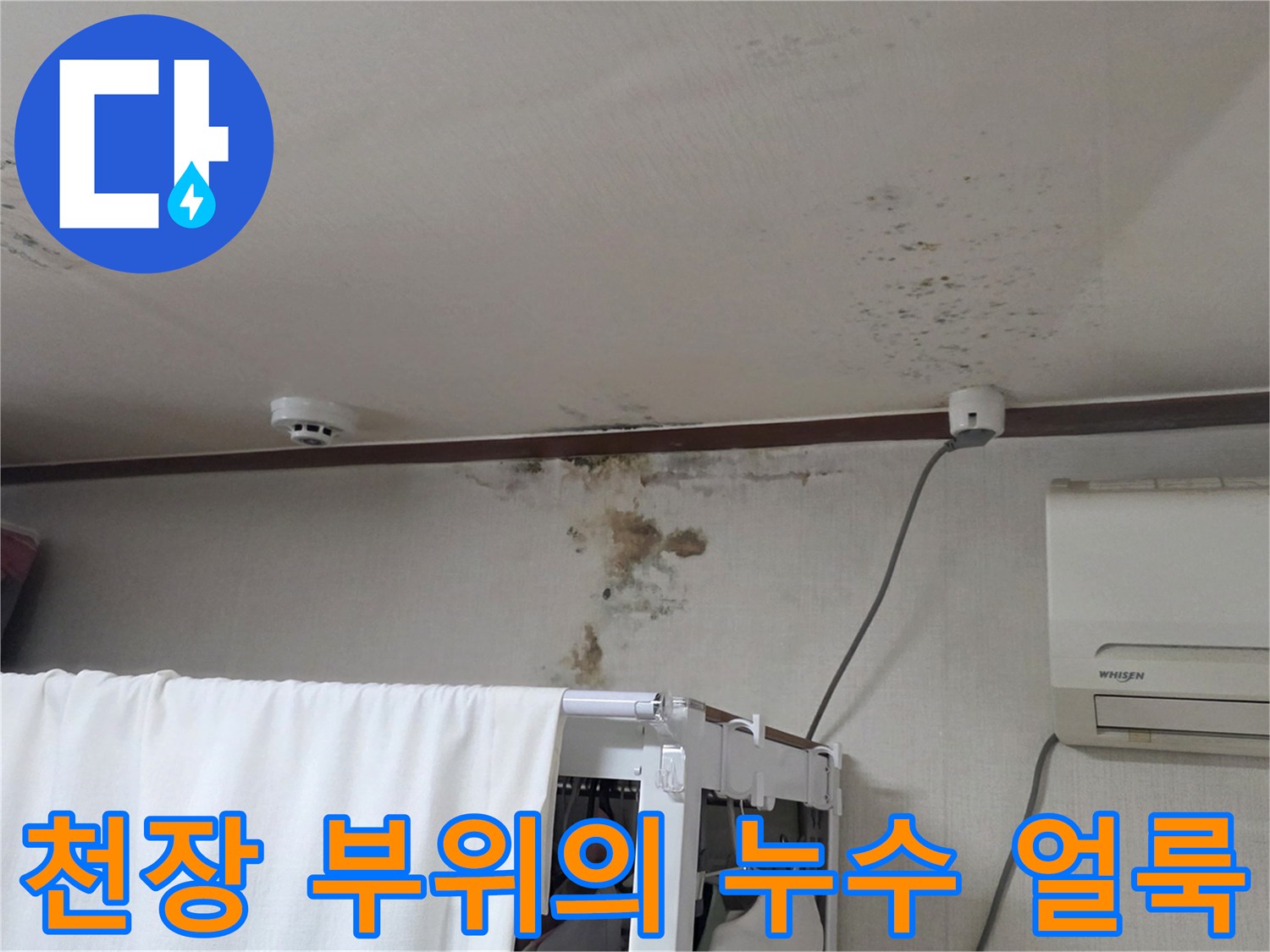물기가 스며들어 변색된 천장과 벽지의 모습