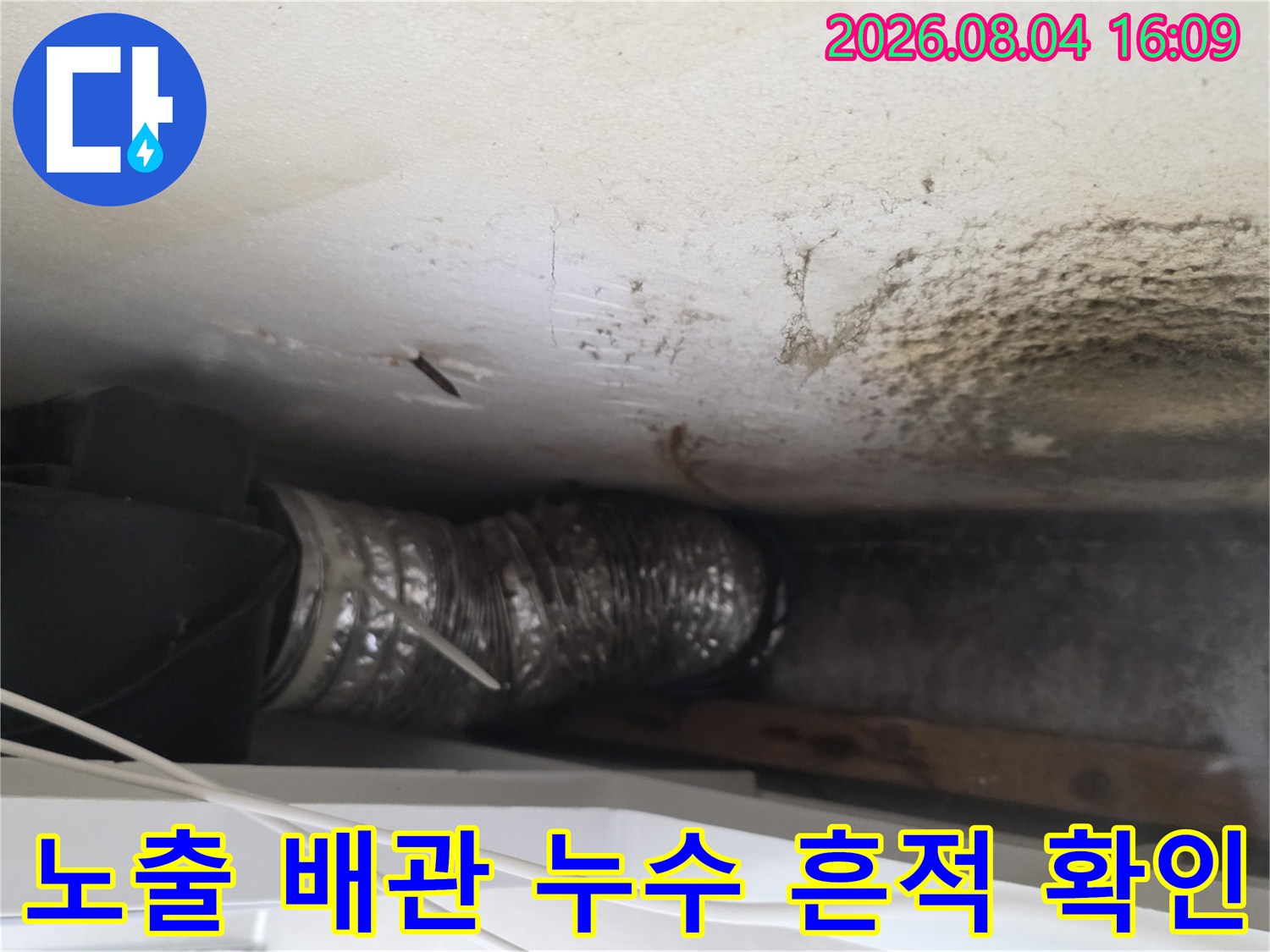 천장에 발생한 곰팡이와 노후된 수도 배관을 근접 촬영한 모습
