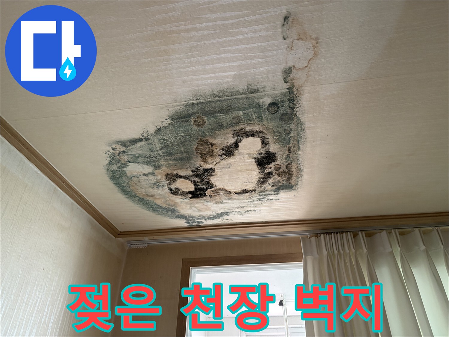 물샘 현상이 진행된-천장 벽지 오염 사진