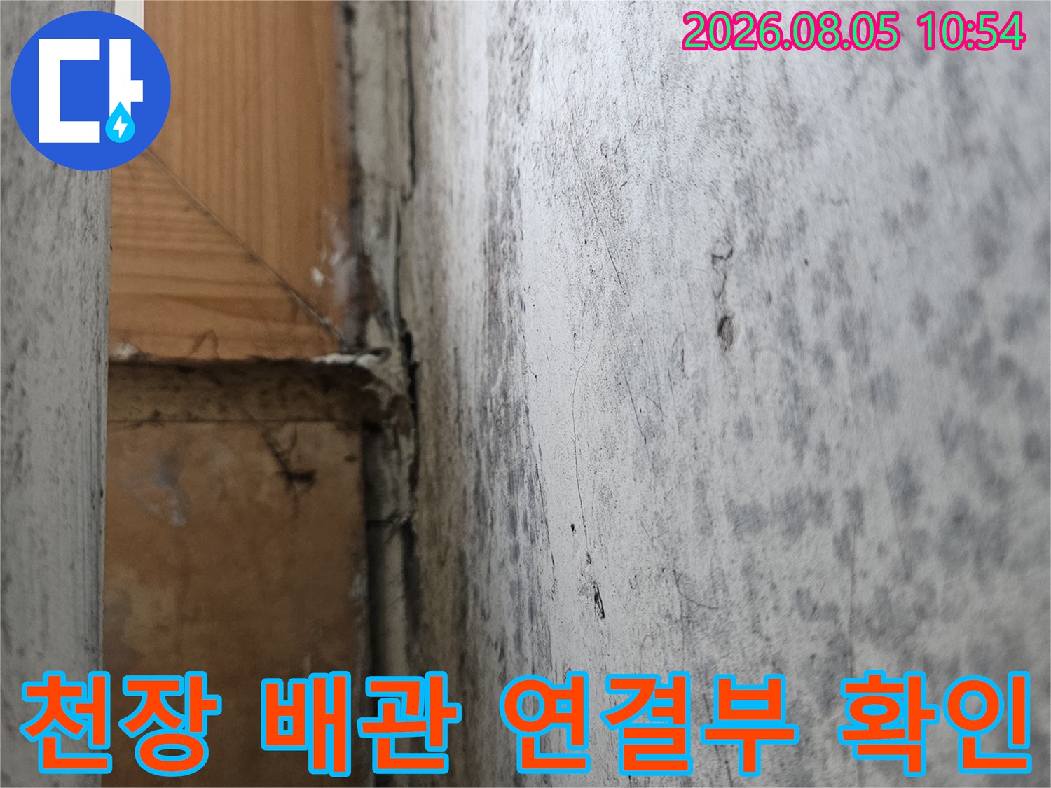 세탁실 천장의 배출구 및 배관 연결 상태를 세밀하게 살피는 모습