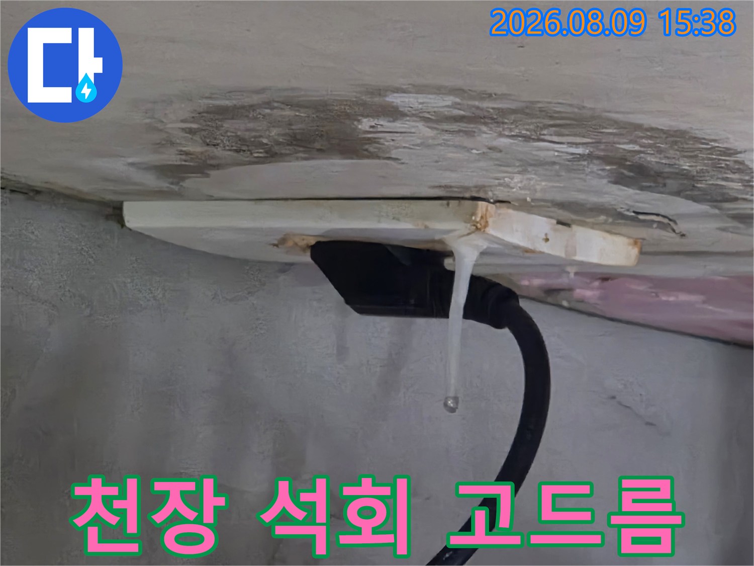 화성 향남 아랫집 천장 점검구 주변에 형성된 하얀 석회물 고드름 현상