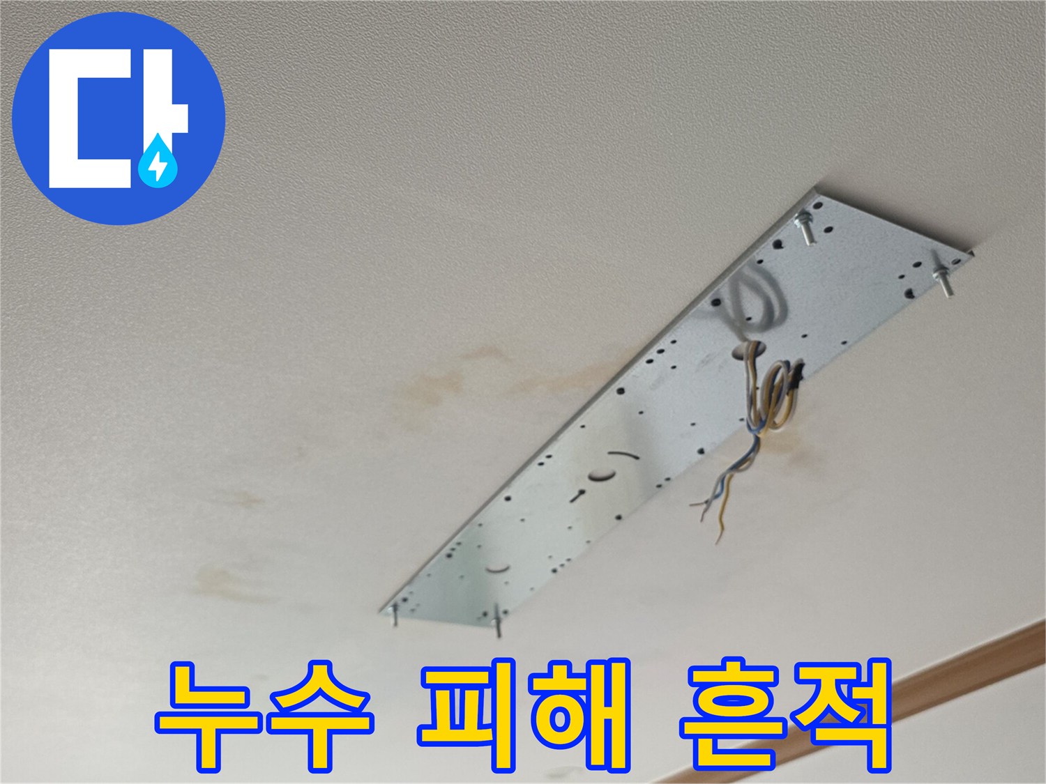 거실 천장 부근에 발생한 물자국과 갈색 변색 부위