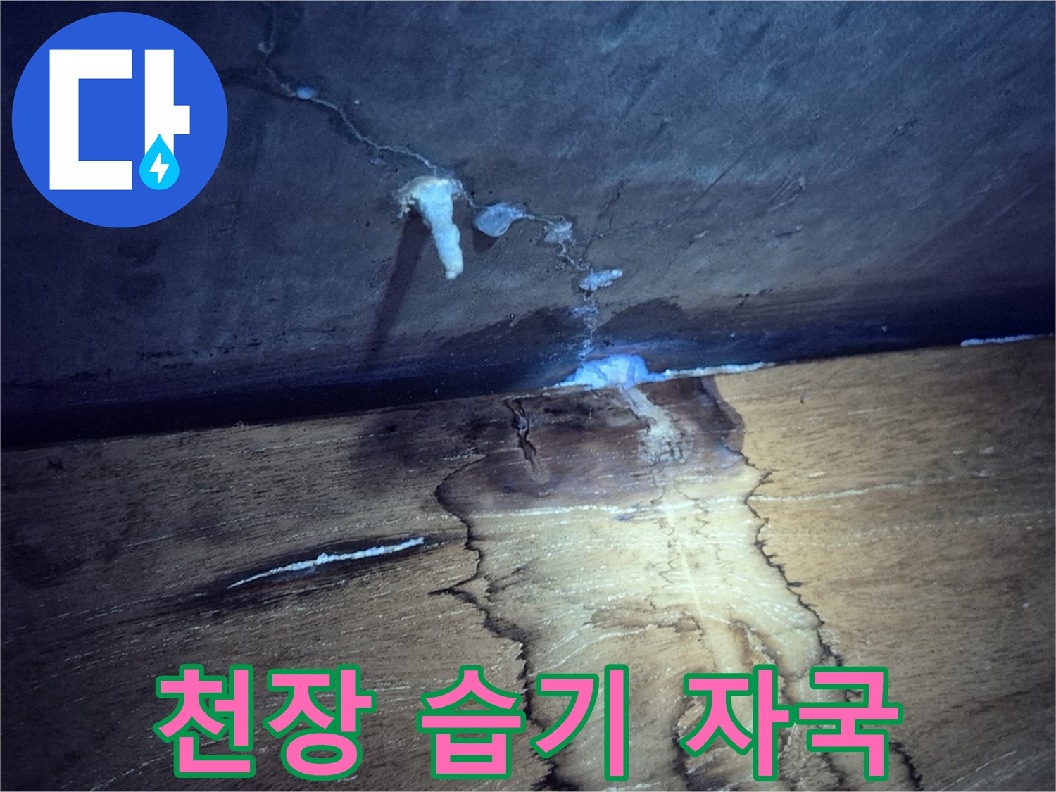 아파트 천장 벽면을 타고 흐른 듯한 물샘 흔적과 변색된 부위