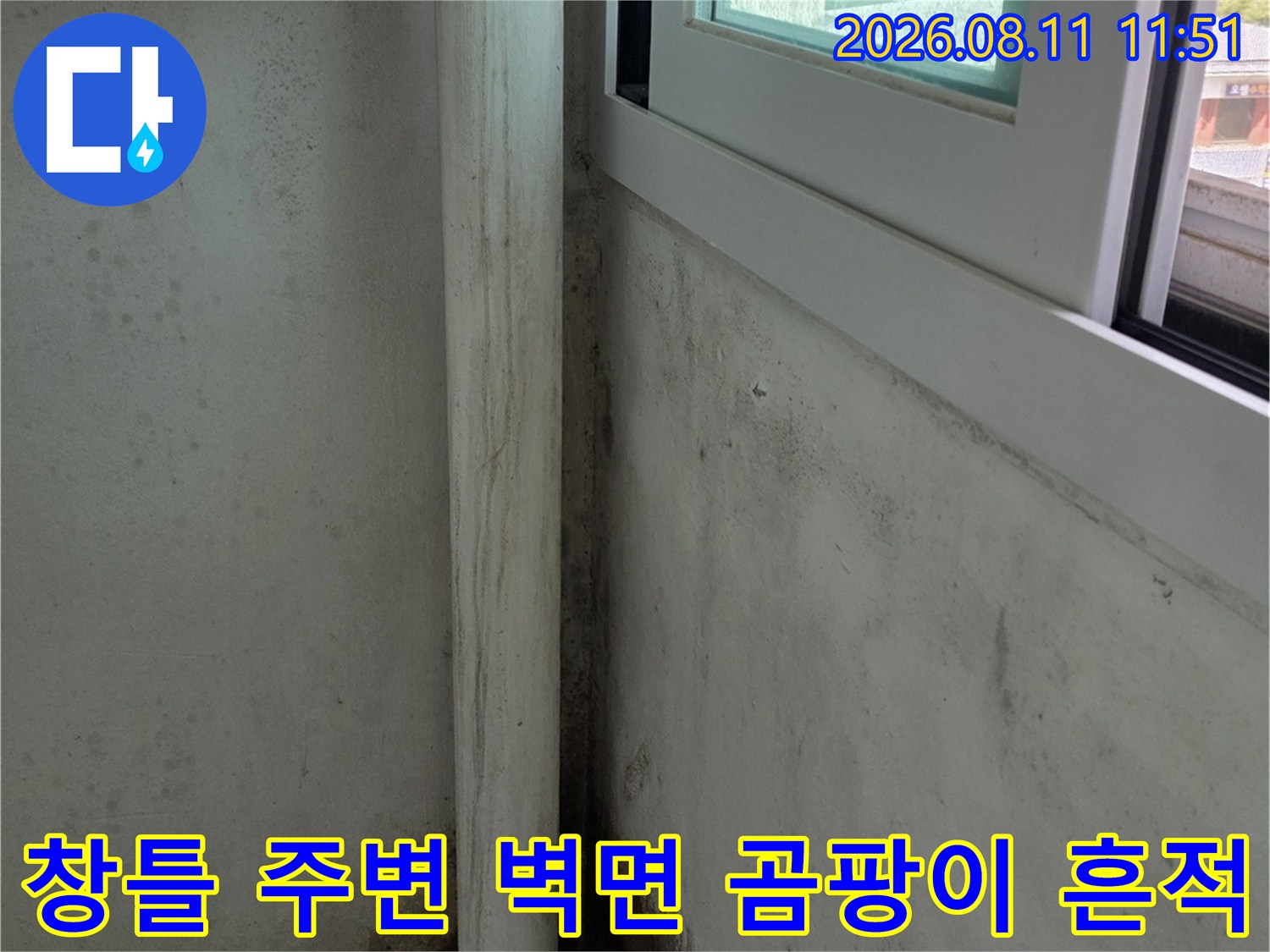 분당 정자동 아파트 창문 아래쪽 벽면의 누수 및 곰팡이 발생 부위