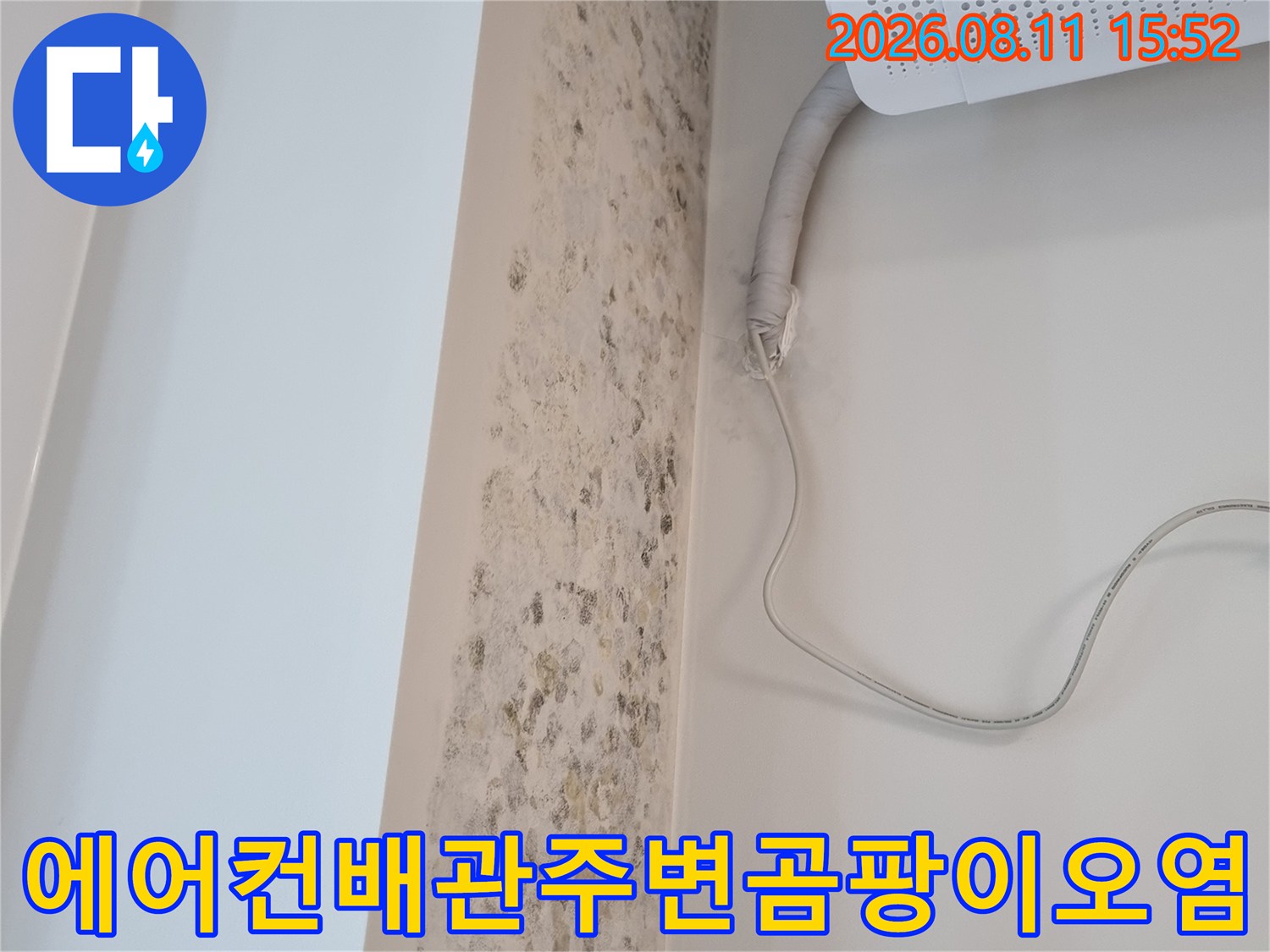 벽면에 설치된 하얀색 에어컨 실내기와 그 아래로 이어진 배관 주변의 심한 곰팡이 얼룩 모습