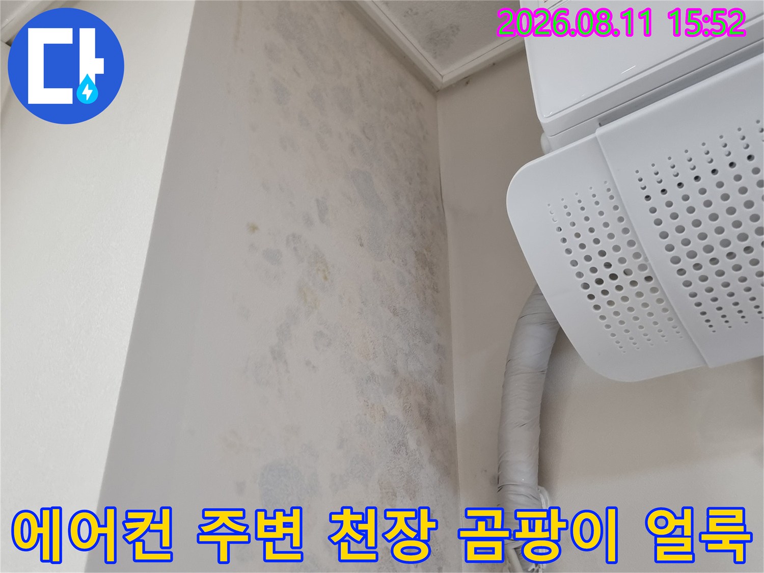 흰색 에어컨 실내기 아래쪽 천장과 벽면에 푸르스름한 곰팡이와 물얼룩이 퍼져 있는 모습