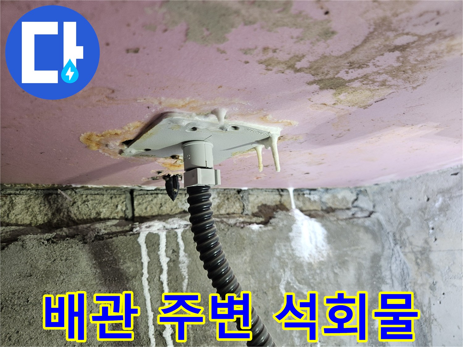 천장 배관 연결 부위-석회 성분이 굳어 형성된 고드름 형태의 누수 흔적
