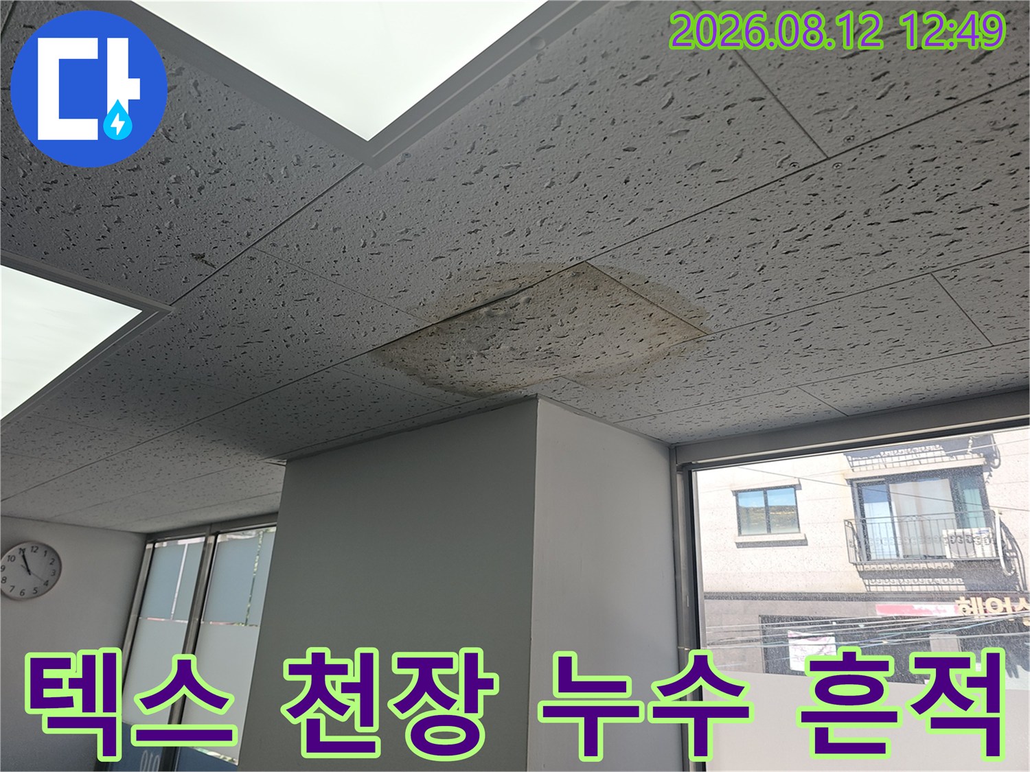 천장 텍스 판넬에 나타난 누수 침투 및 오염 흔적