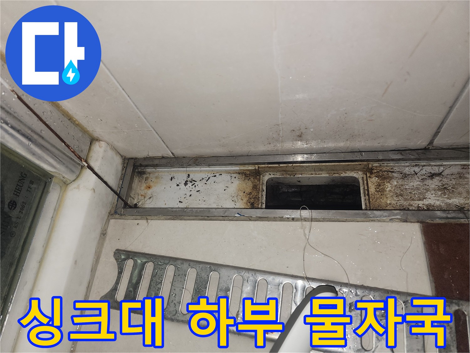 싱크대 하부장 안쪽 벽면의 곰팡이와 물자국 흔적