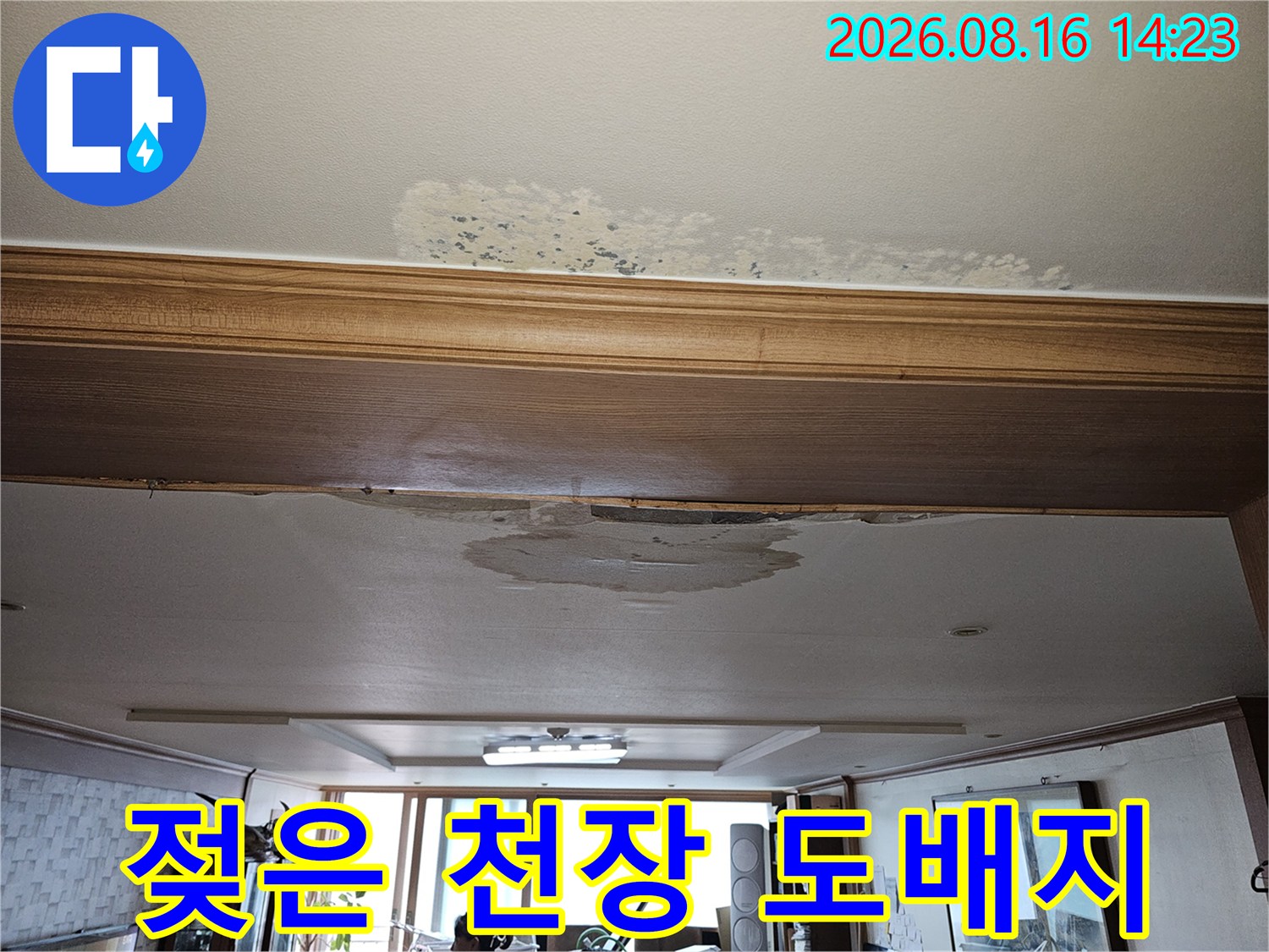 물에 젖어 변색되고 부풀어 오른 천장 도배지 상태