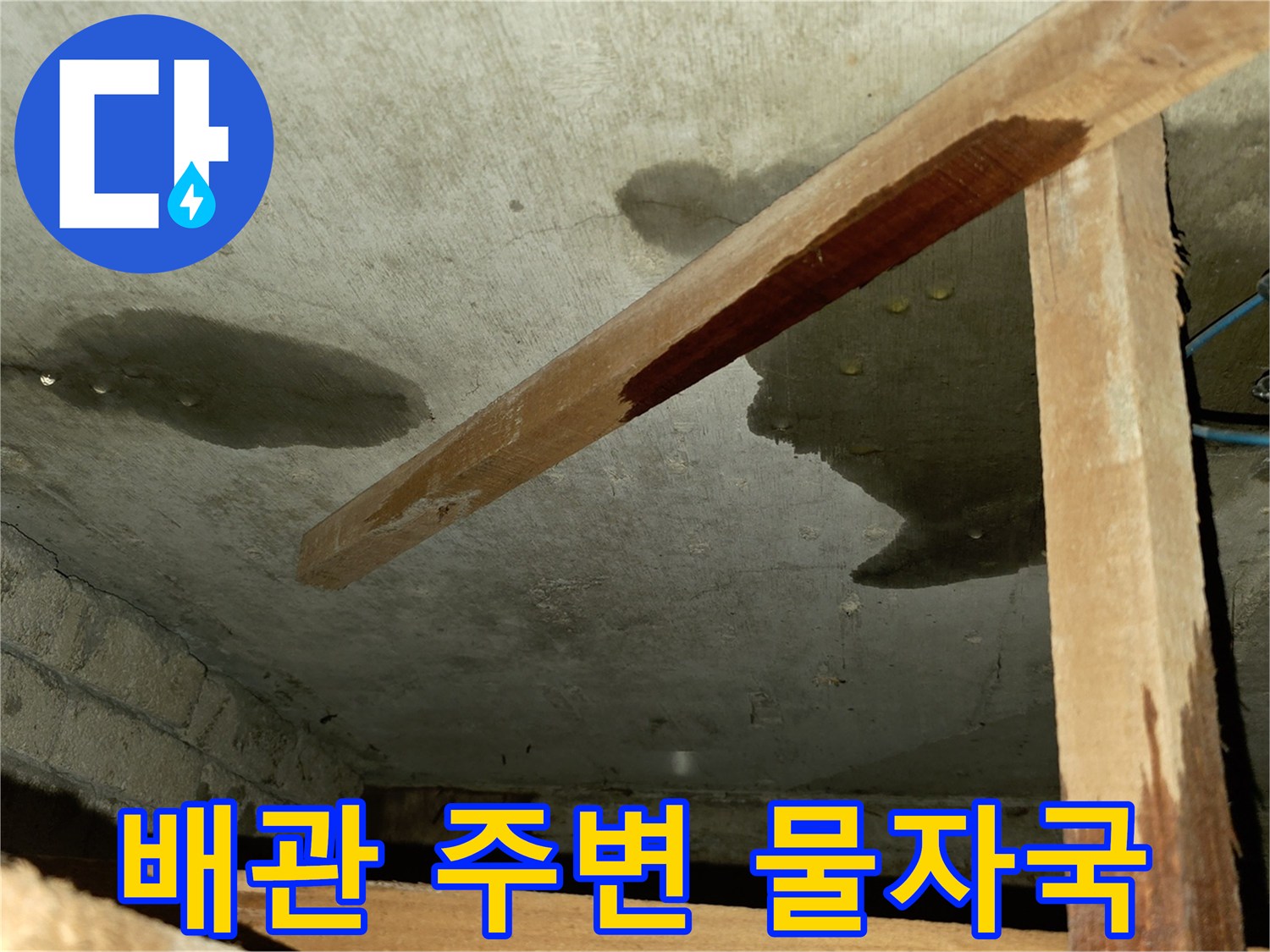 천장 배관 근처 콘크리트 벽면에 발생한 젖은 얼룩과 습기 현상