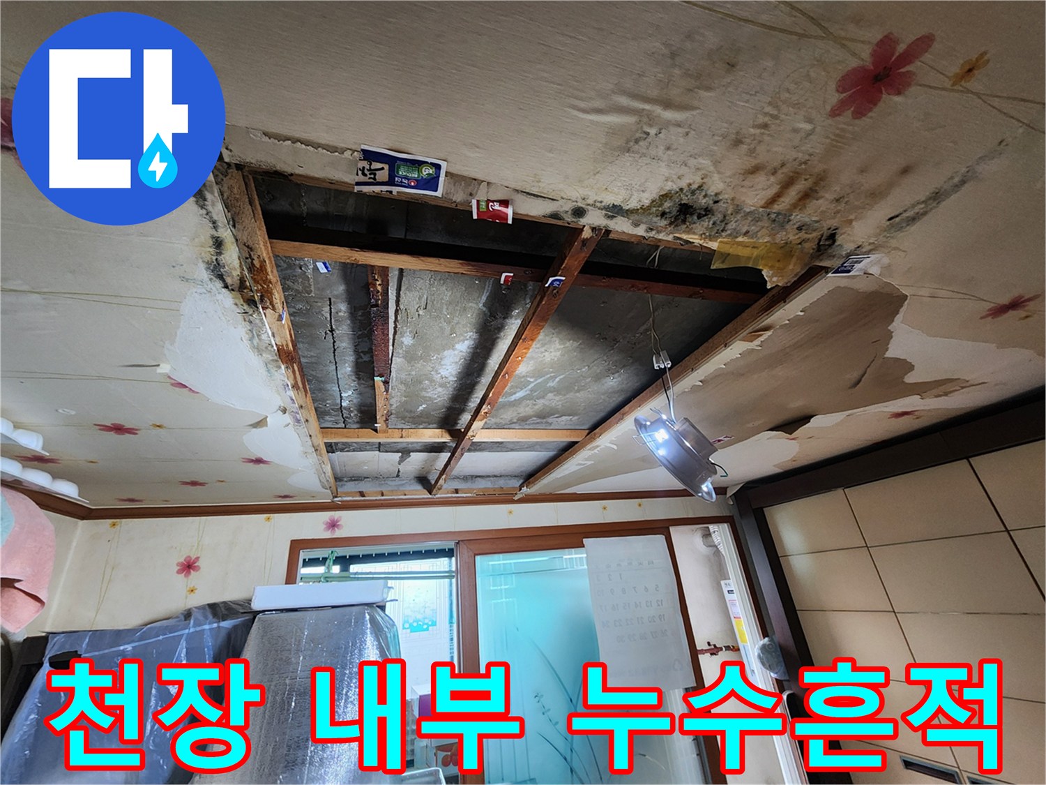 누수로 인해 손상된 천장 마감재와 곰팡이 침투 부위