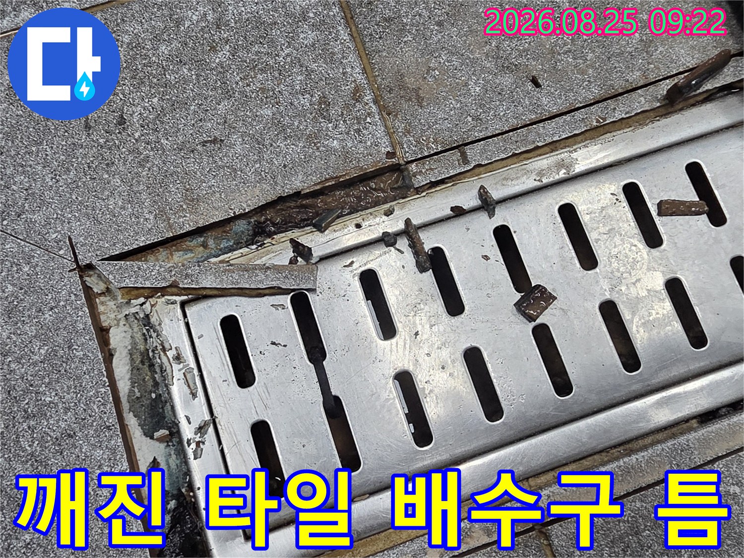 트렌치 배수구 주변-타일 파손 및 벌어진 틈새 누수 지점 확인