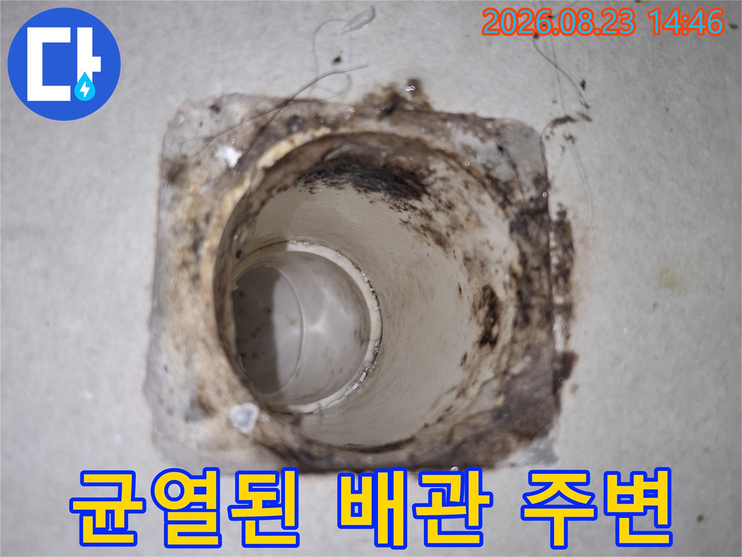 배수구 벽면의 균열과 오염 상태를 촬영한 사진입니다.