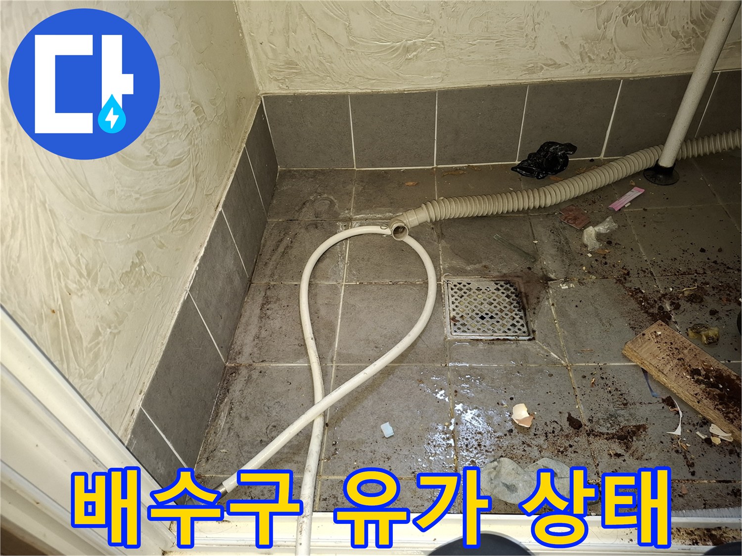 세탁실 바닥의 오염된 타일과 하수구 유가 - 누수 지점 정밀 확인