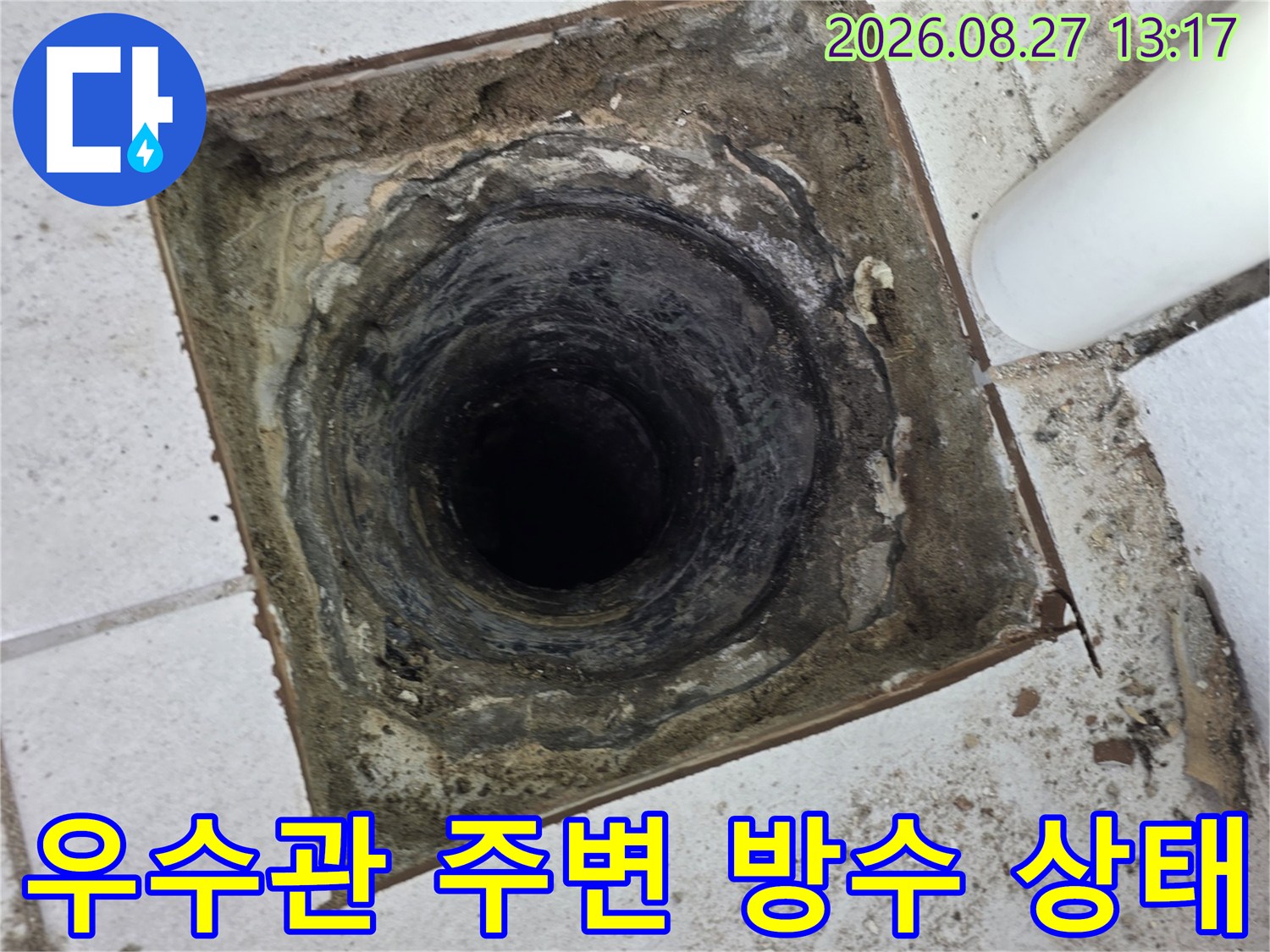 분당 수내동 현장의 우수관 주변 방수층 결함 상태를 보여주는 사진입니다.