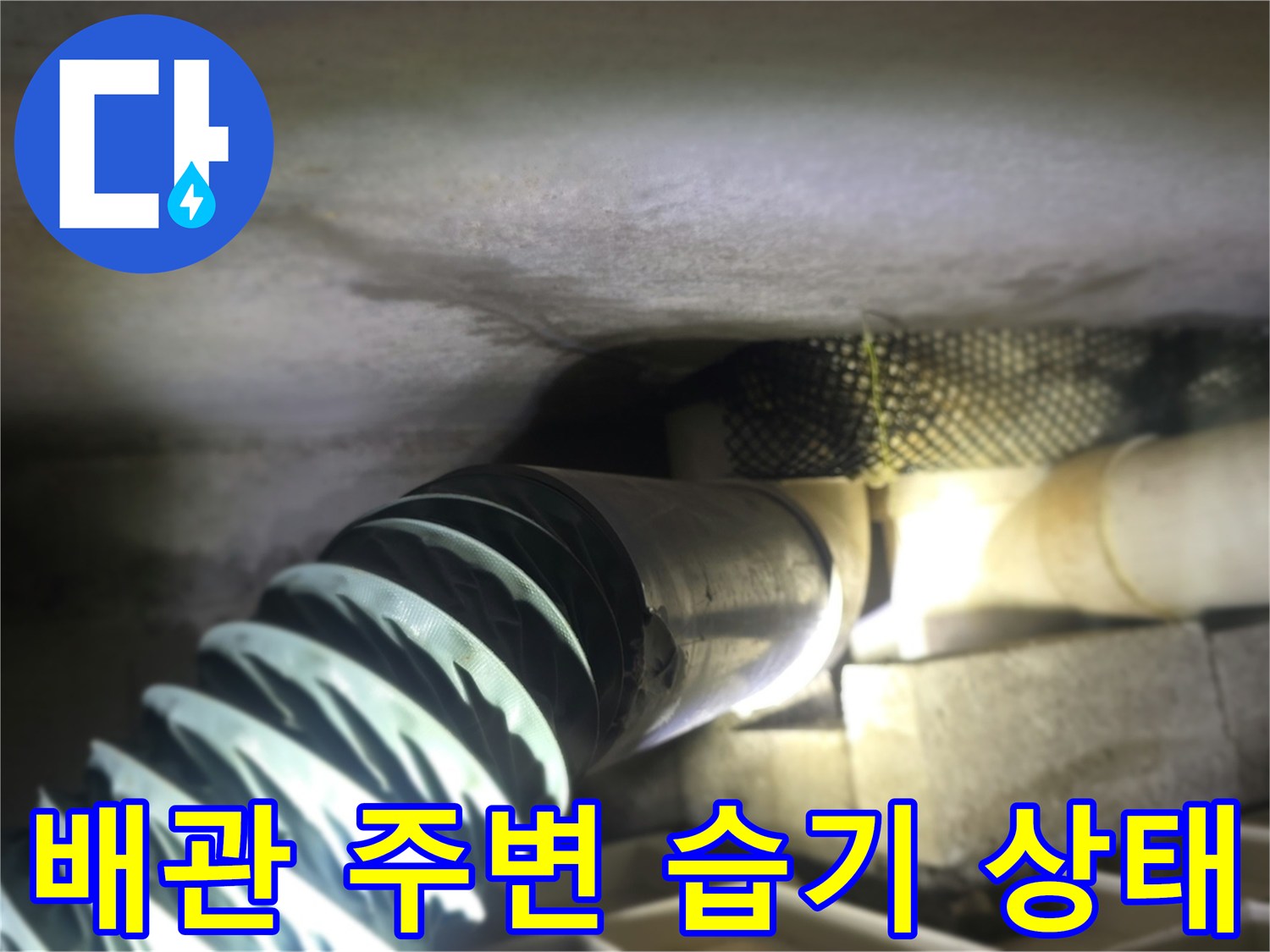 천장 내부 배관-주변에 맺힌 습기와 오염 확인