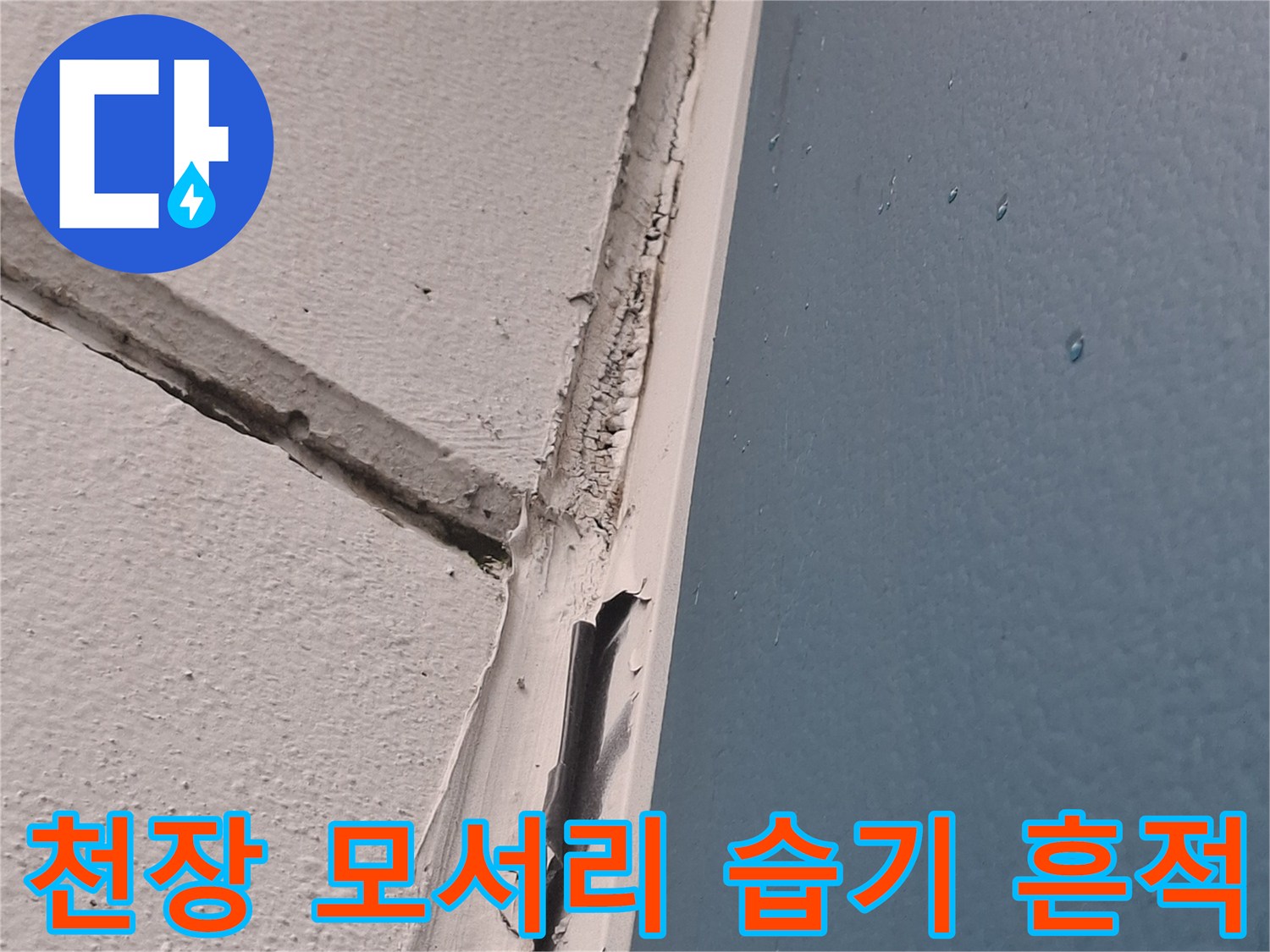 천장과 벽면 접합부-습기로 인한 변색 및 얼룩 부위