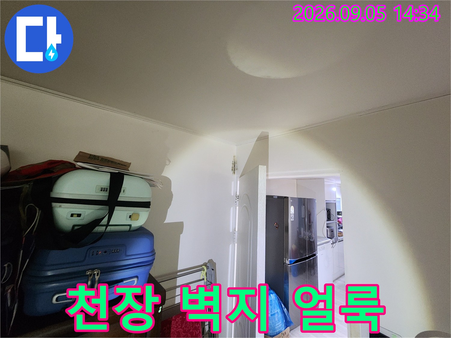 누수로 인해 물에 젖어 변색된 천장의 모습