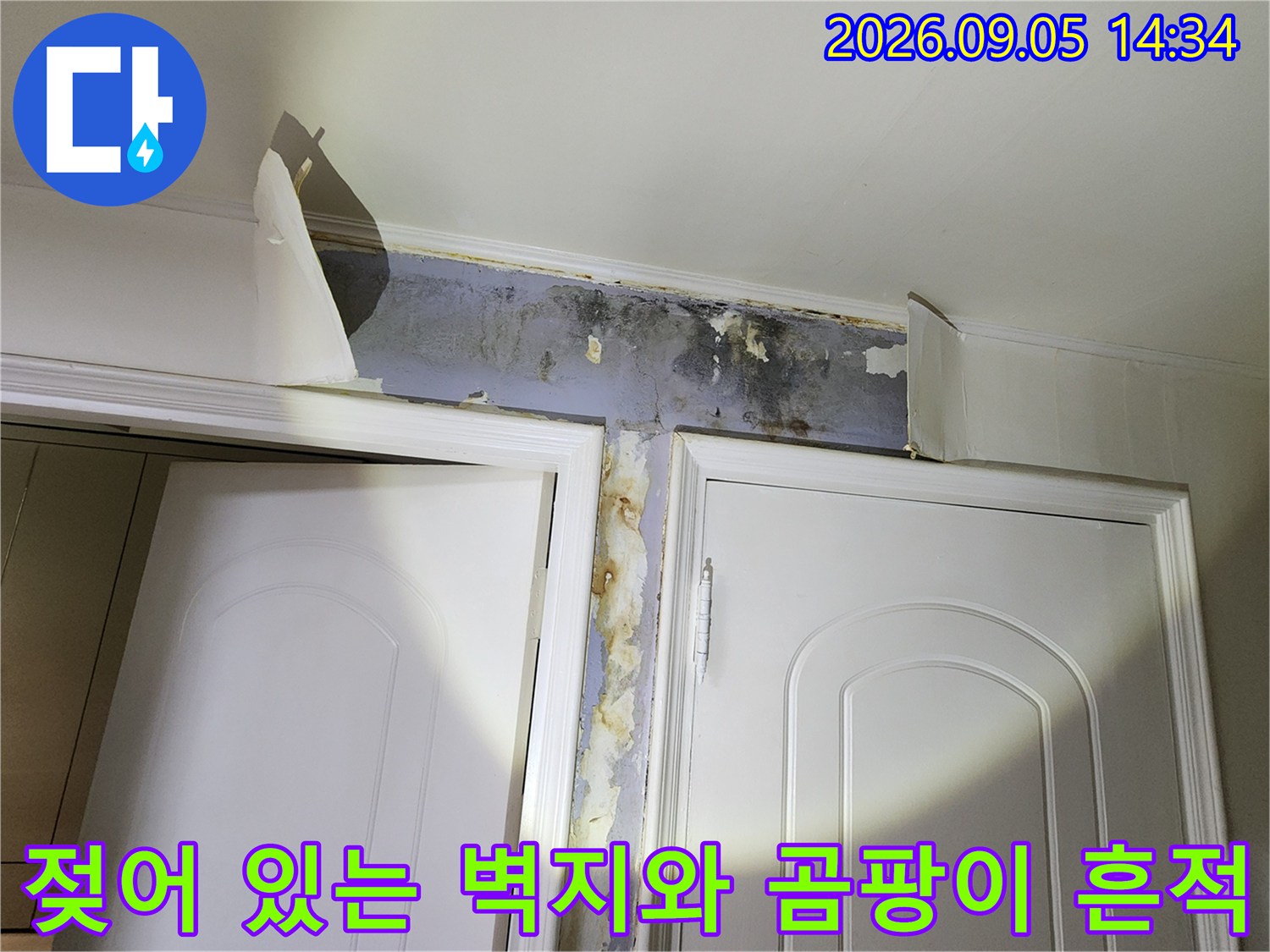 벽지가 들뜨고 검게 변한 누수 피해 부위 상세 사진