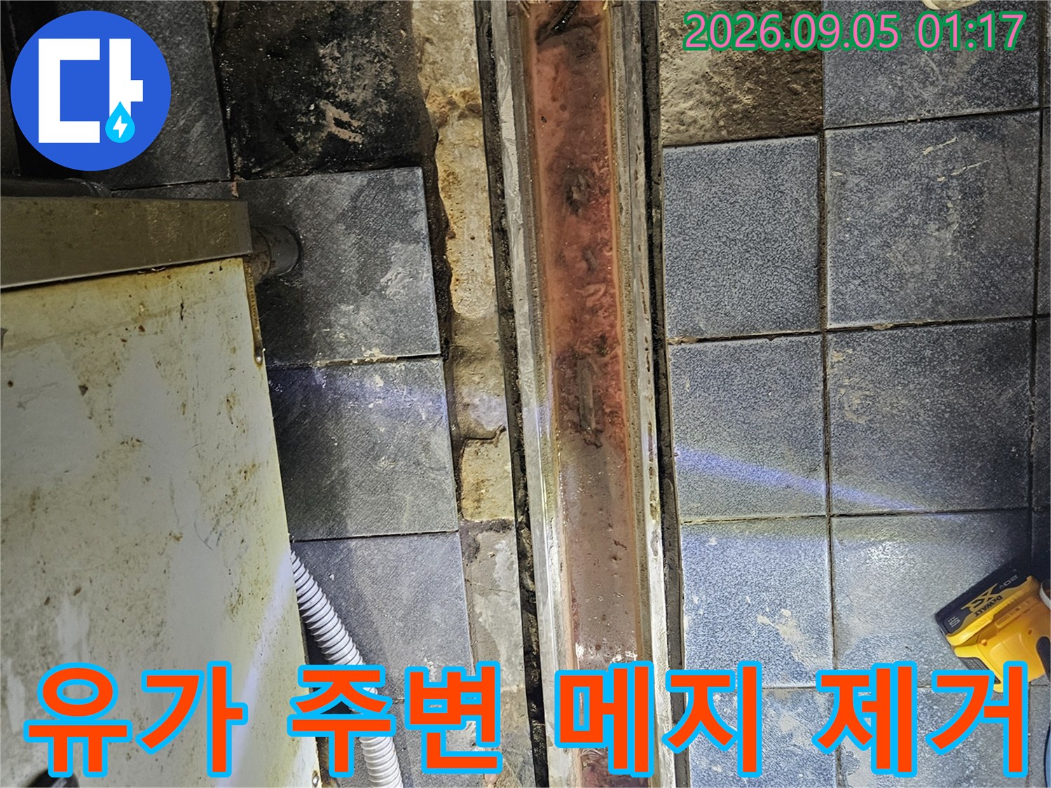트렌치 유가 테두리를 따라 컷팅하여 내부를 드러낸 현장 사진입니다.
