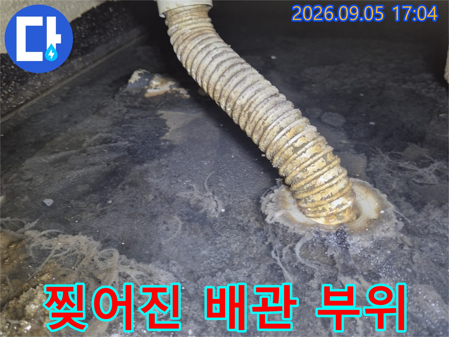 틈이 벌어지고 찢어진 욕조 주름 배관