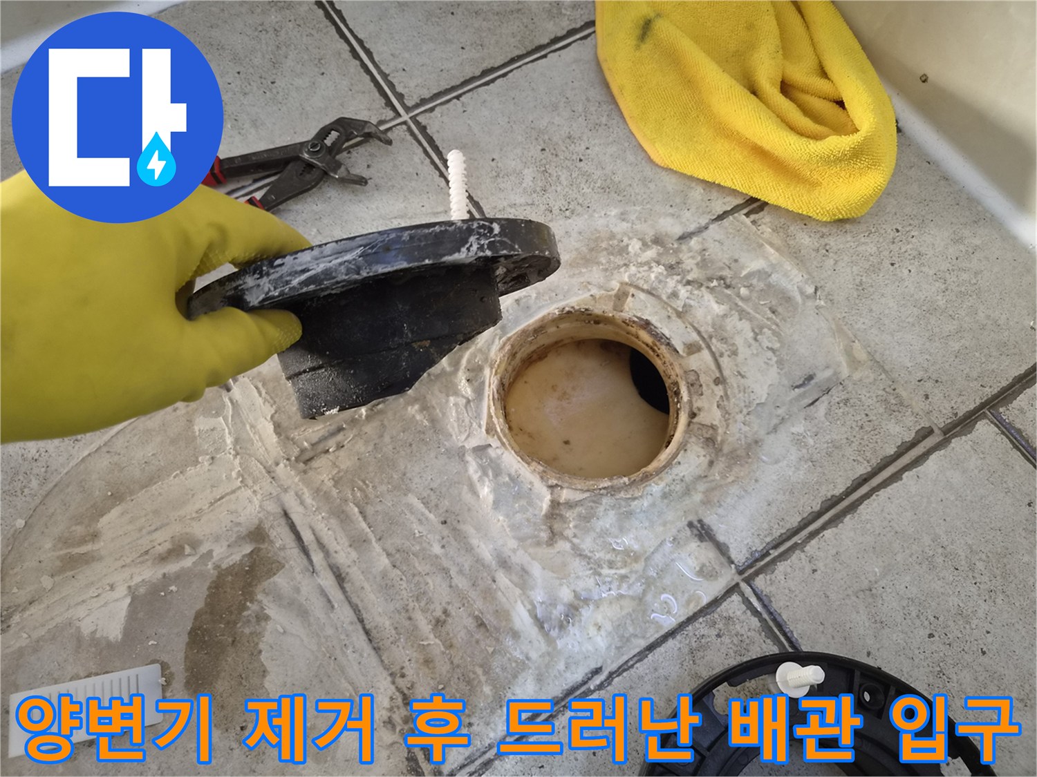 오염된 오수관 주변과 탈거된 양변기 부속품