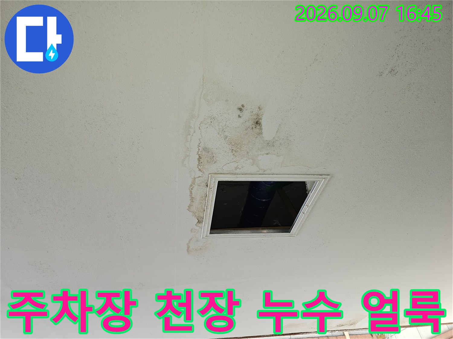 인천 남동구 구월동 필로티 주차장 천장의 누수 흔적과 젖은 부위