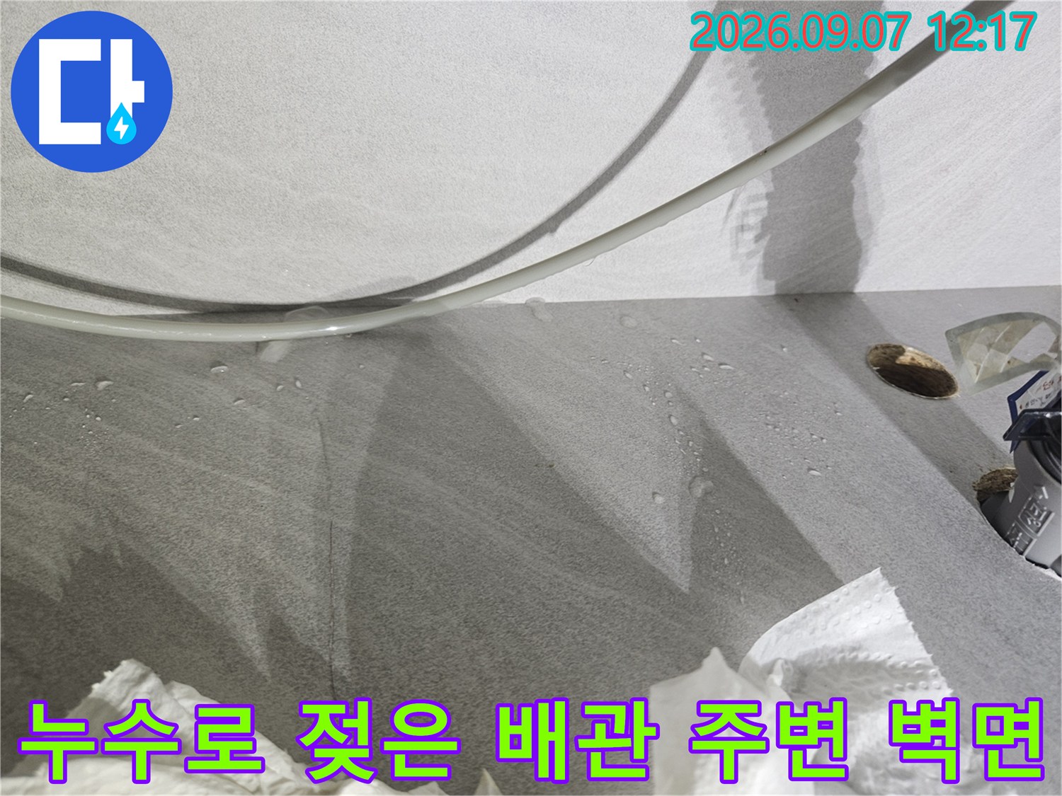 물샘 현상으로 인해 습기가 가득 찬 싱크대 하부 내부 모습입니다.