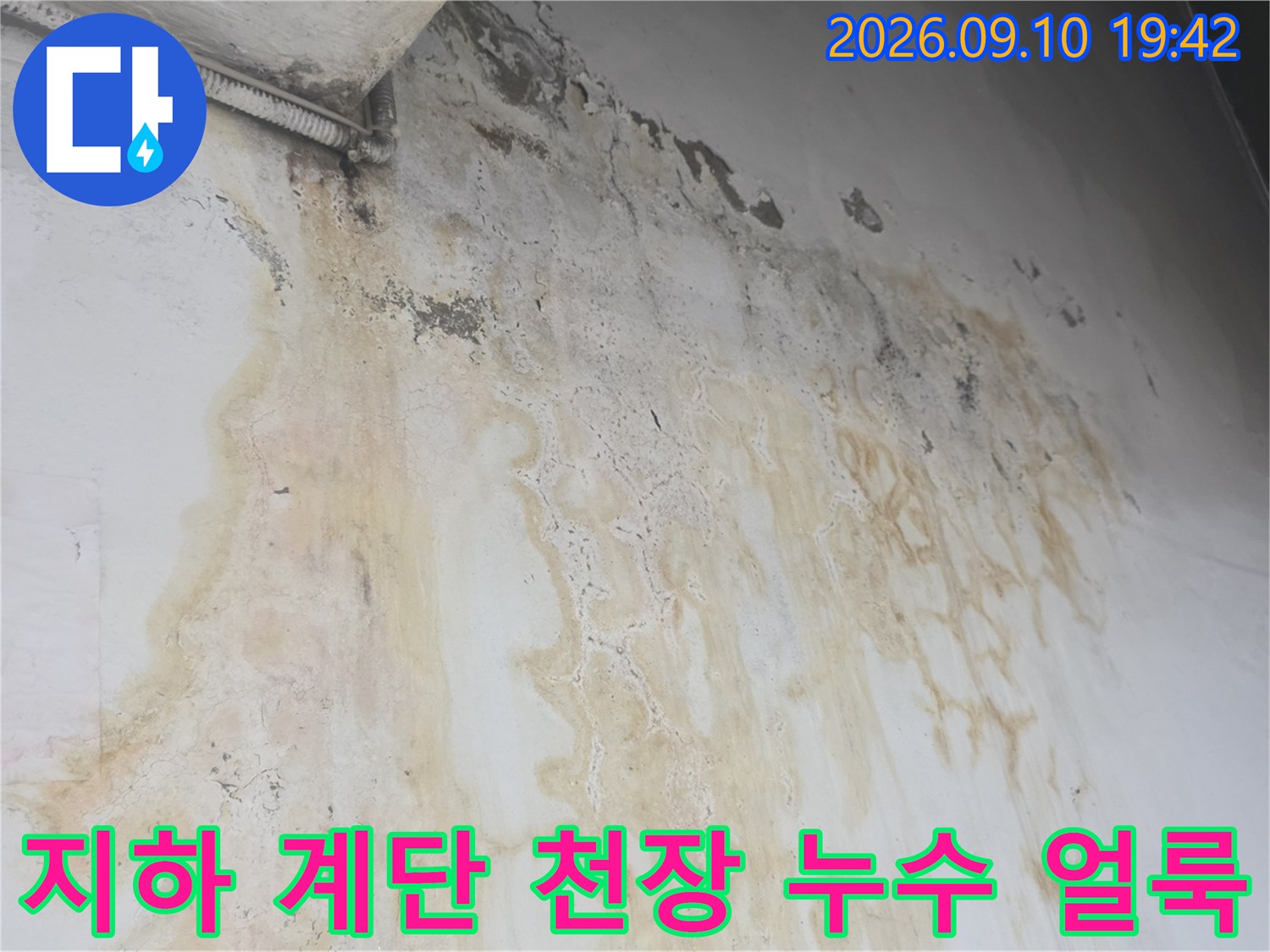 지하 계단실 벽면에 나타난 하얀색 백화 현상과 물자국