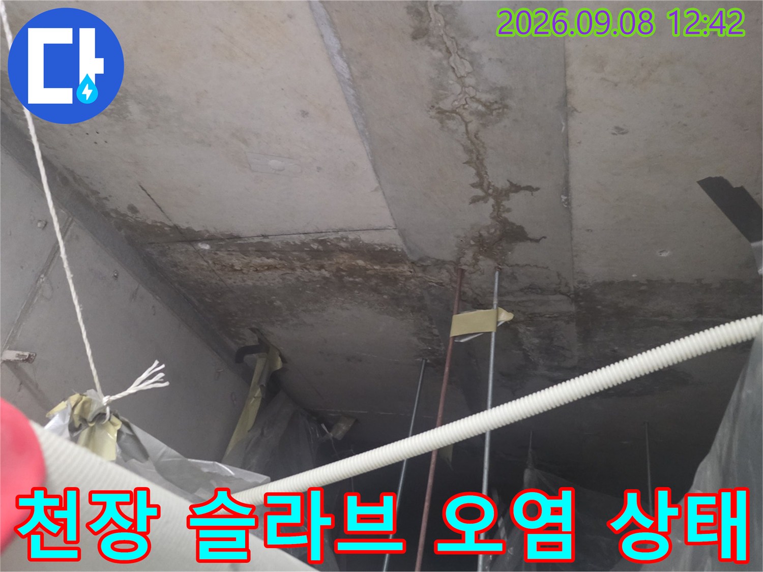송도동 현장 천장 슬라브의 누수 흔적과 오염된 모습입니다.
