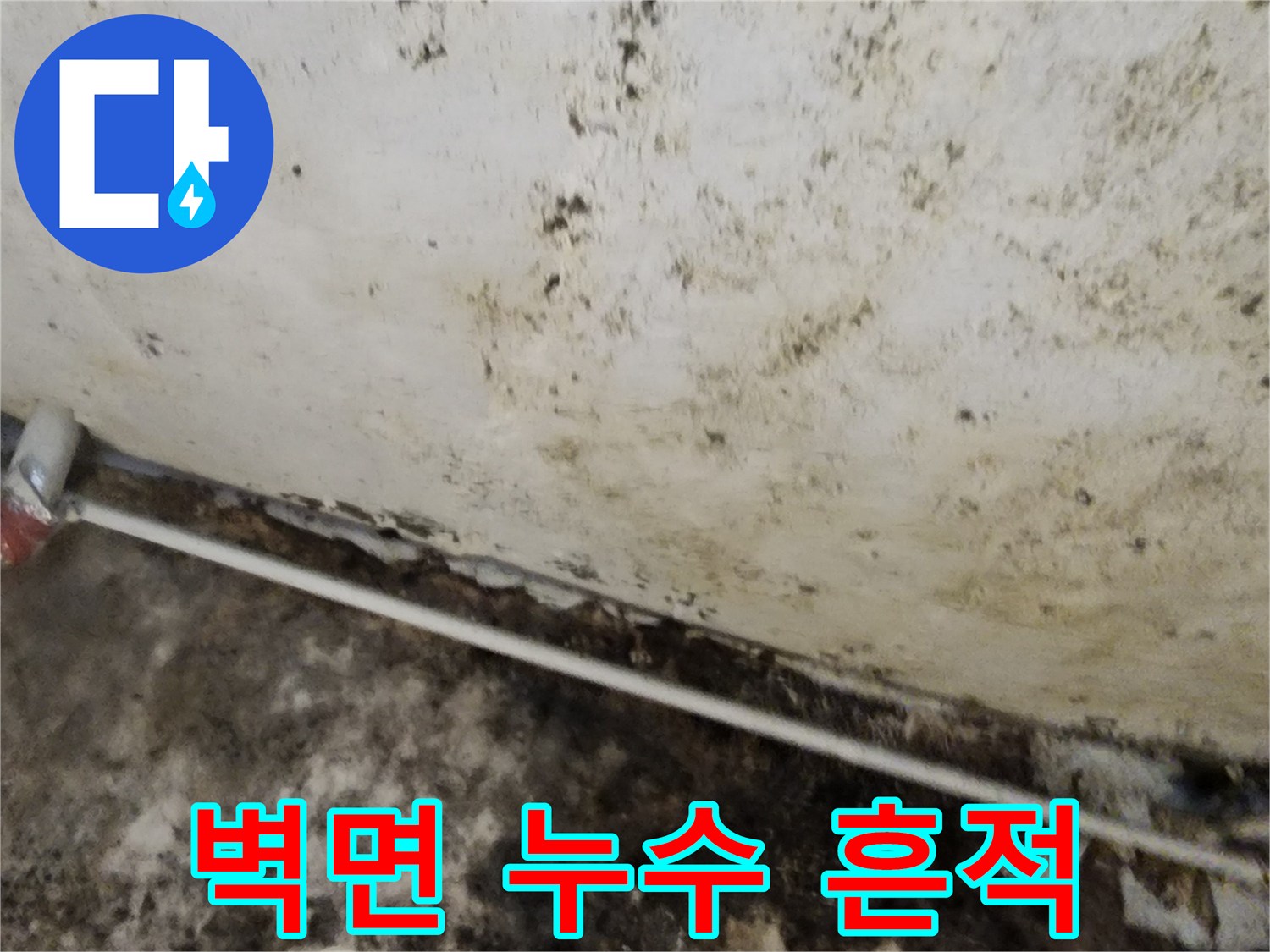 습기로 인해 변색된 지하 벽체와 배관 부근의 오염 상태