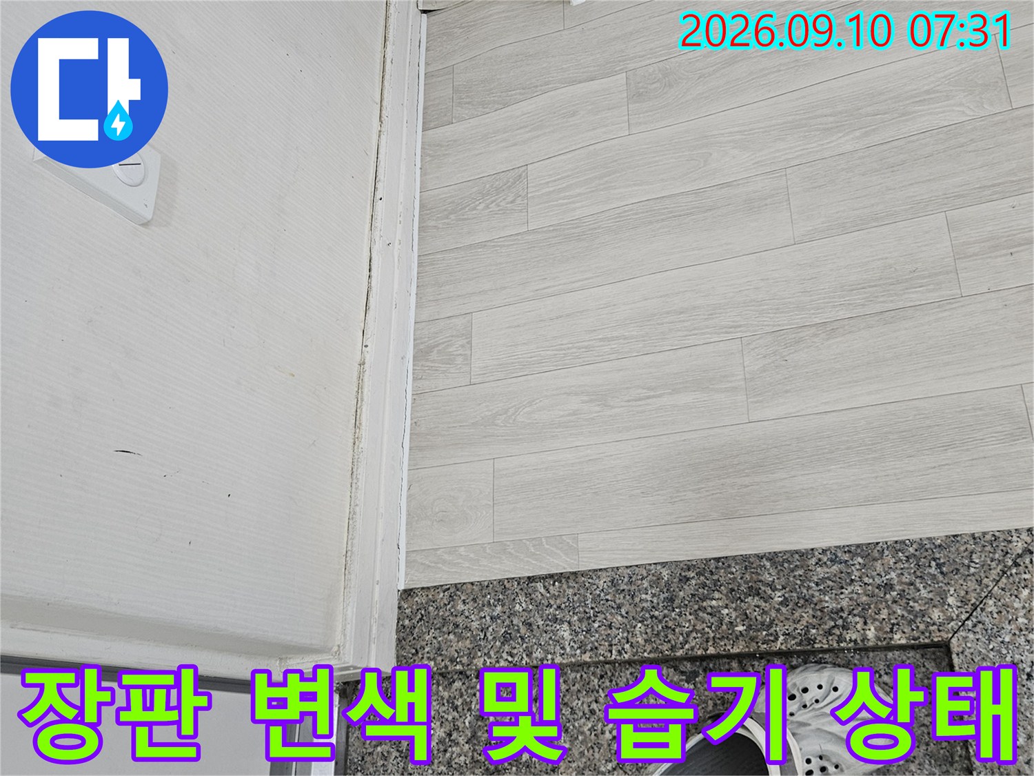 누수로 인해 눅눅해진 장판과 대리석 경계 부위