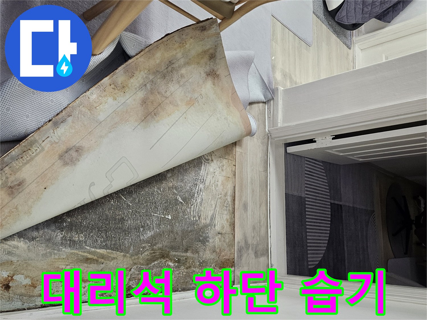 현관-대리석-하부-콘크리트-층의-습기-머금은-모습